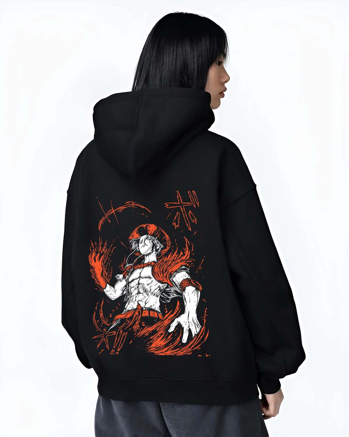 Black hoodie female model back view showing Portgas D. Ace from One Piece: fire powers