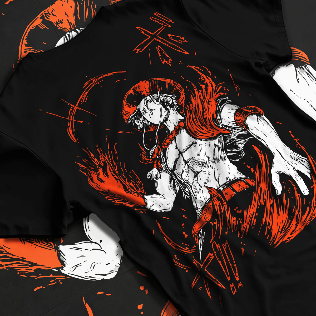 Black T-shirt flat back view showing Portgas D. Ace from One Piece: fire powers