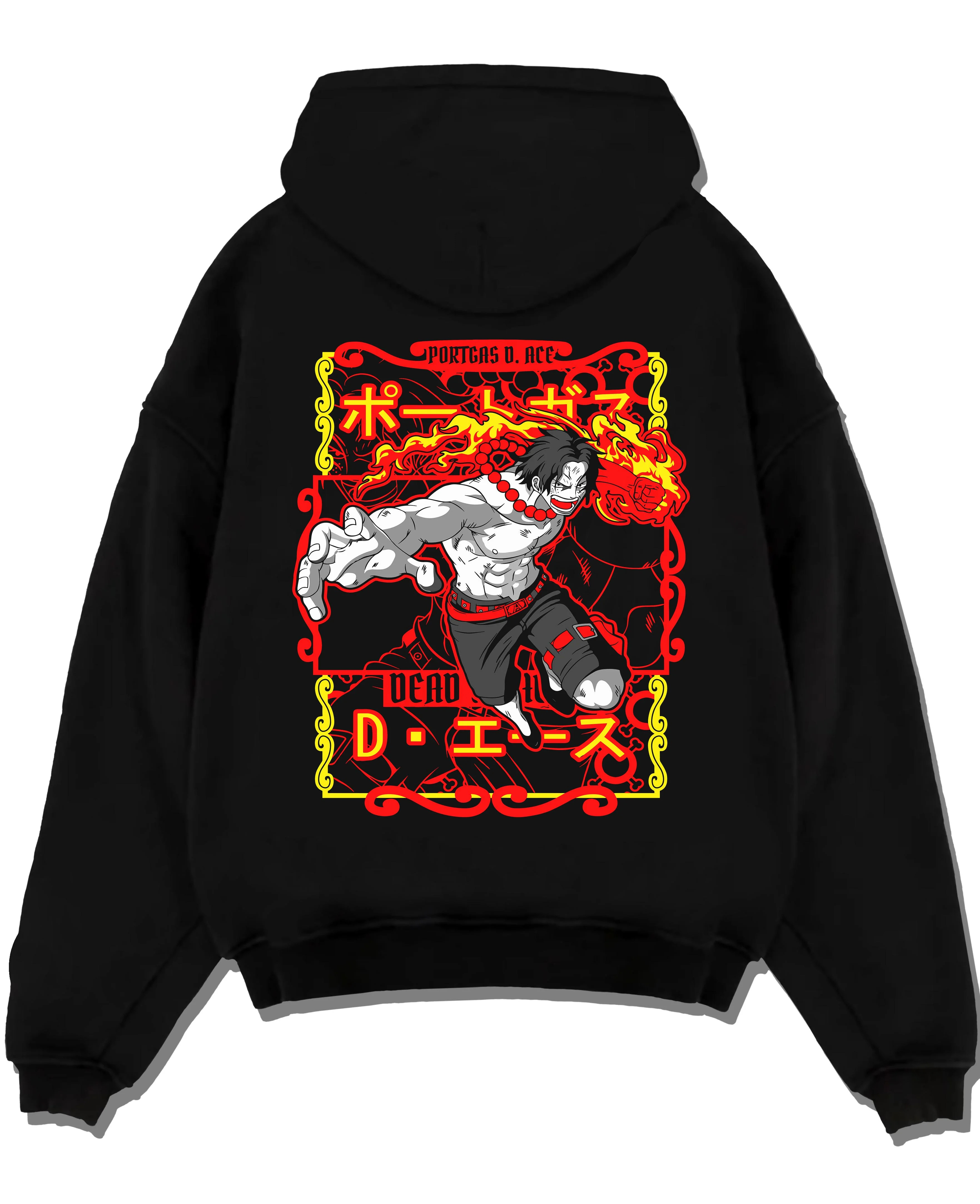 Black pullover hoodie laid flat, featuring Portgas D. Ace One Piece flame graphic in anime style with bold red border