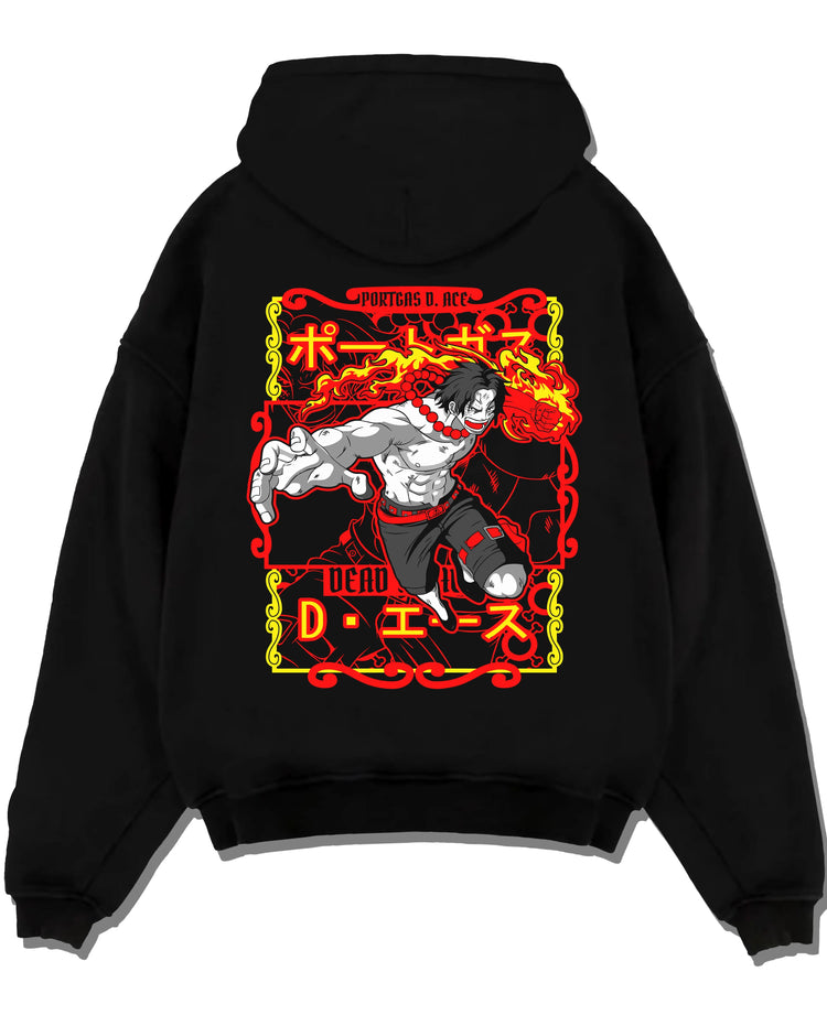Black pullover hoodie laid flat, featuring Portgas D. Ace One Piece flame graphic in anime style with bold red border