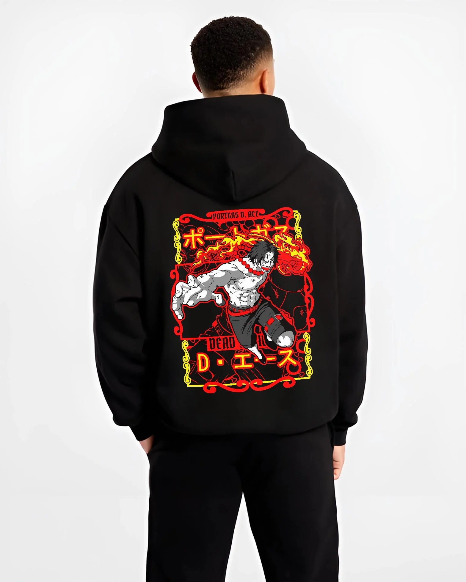 Black hoodie on male model, back view, featuring Portgas D. Ace anime streetwear flame motif with shonen battle stance