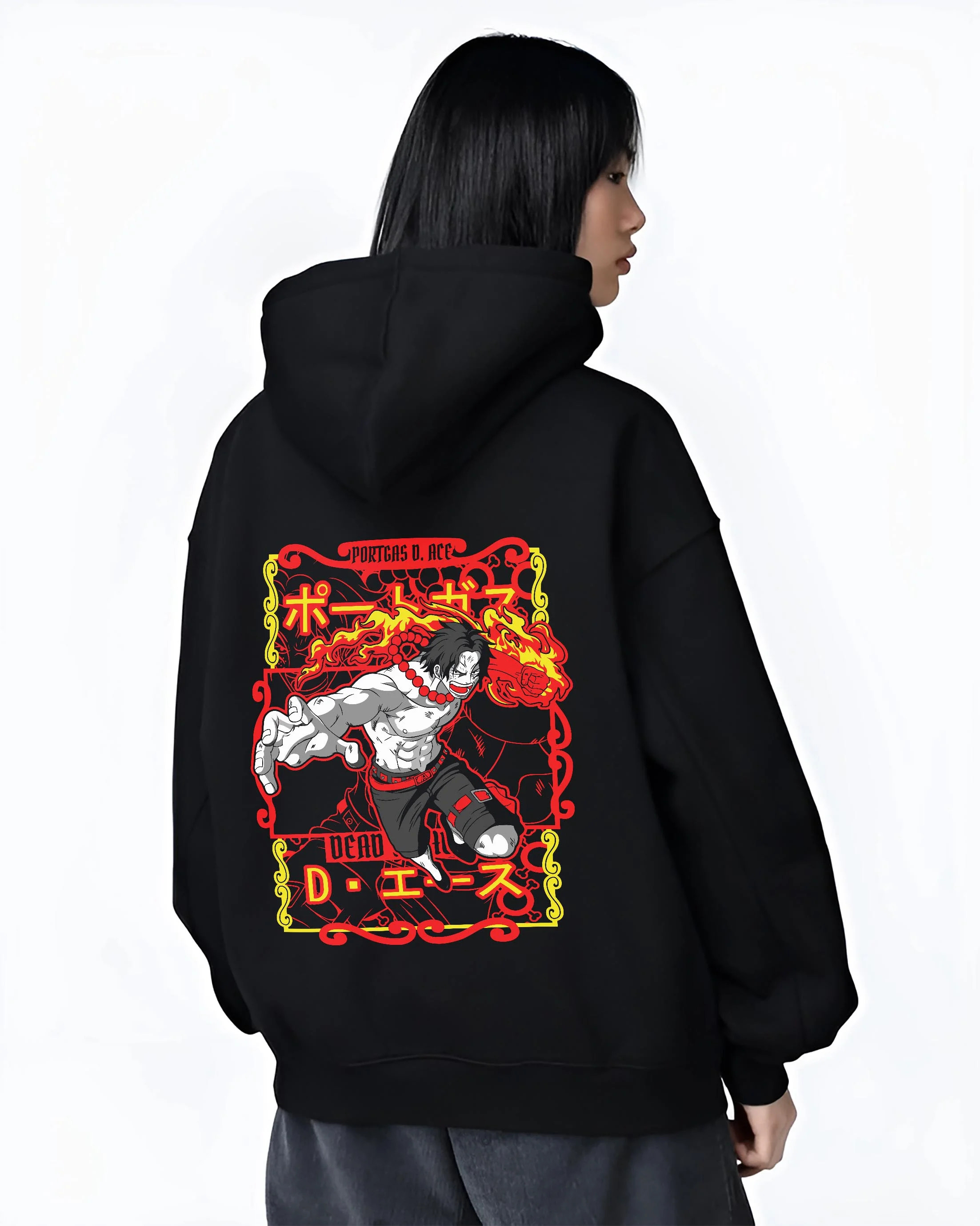 Black hoodie on female model, back view, featuring Portgas D. Ace flame graphic with red accents and dynamic anime punch
