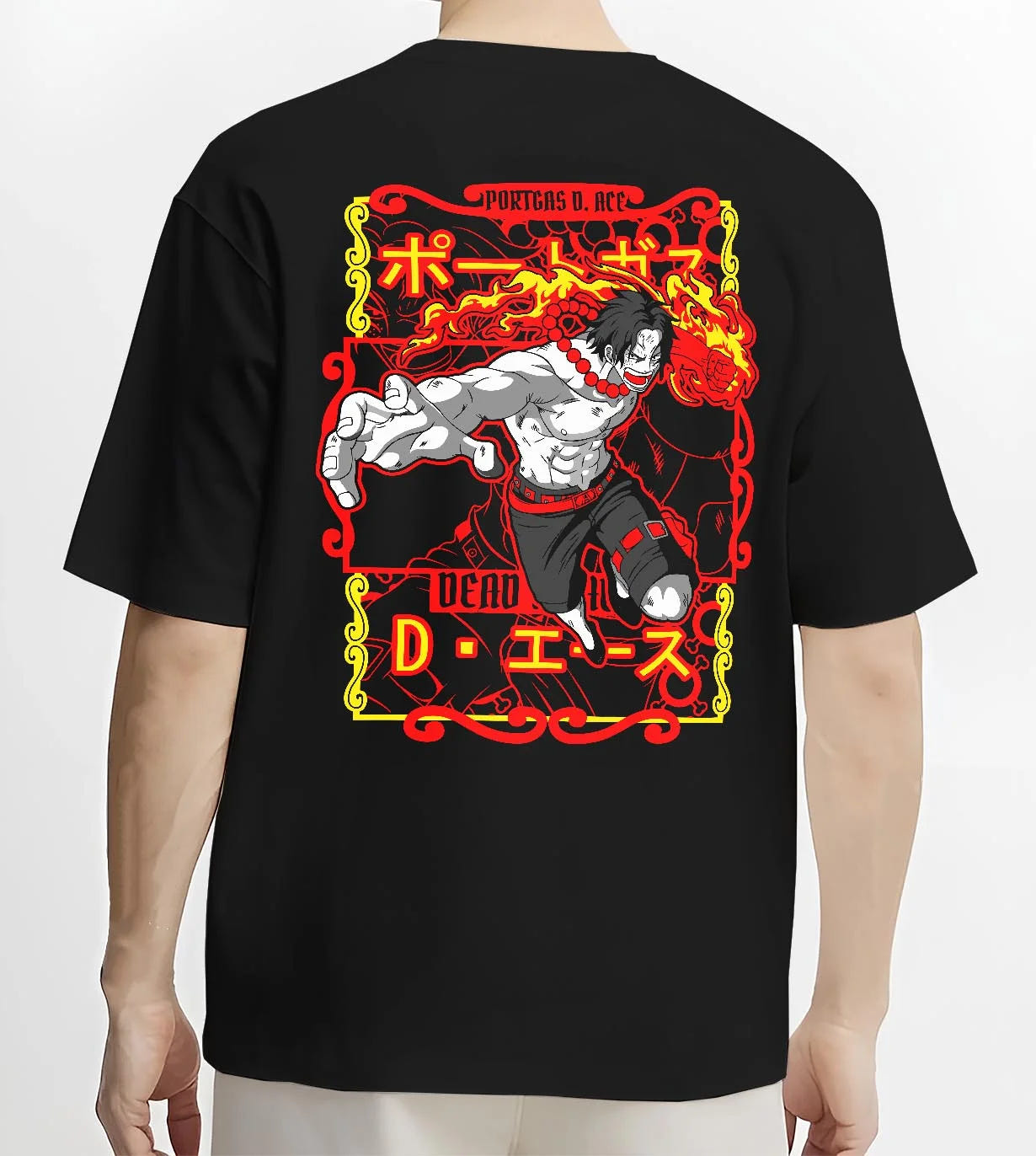 Black T-shirt on male model, back view, featuring Portgas D. Ace anime streetwear flame artwork with shonen battle stance