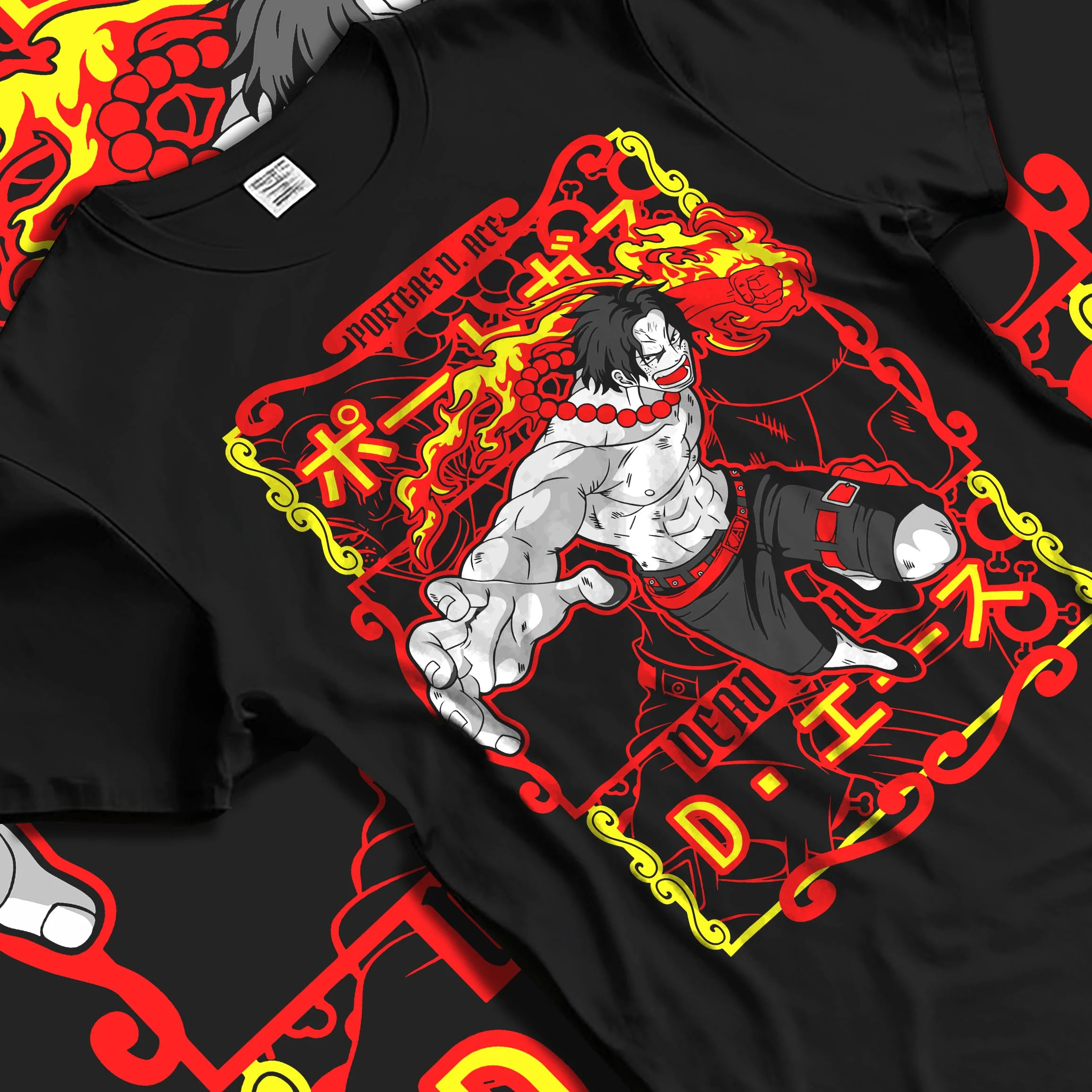 Black T-shirt laid flat with natural folds, featuring Portgas D. Ace One Piece flame artwork in retro manga anime style