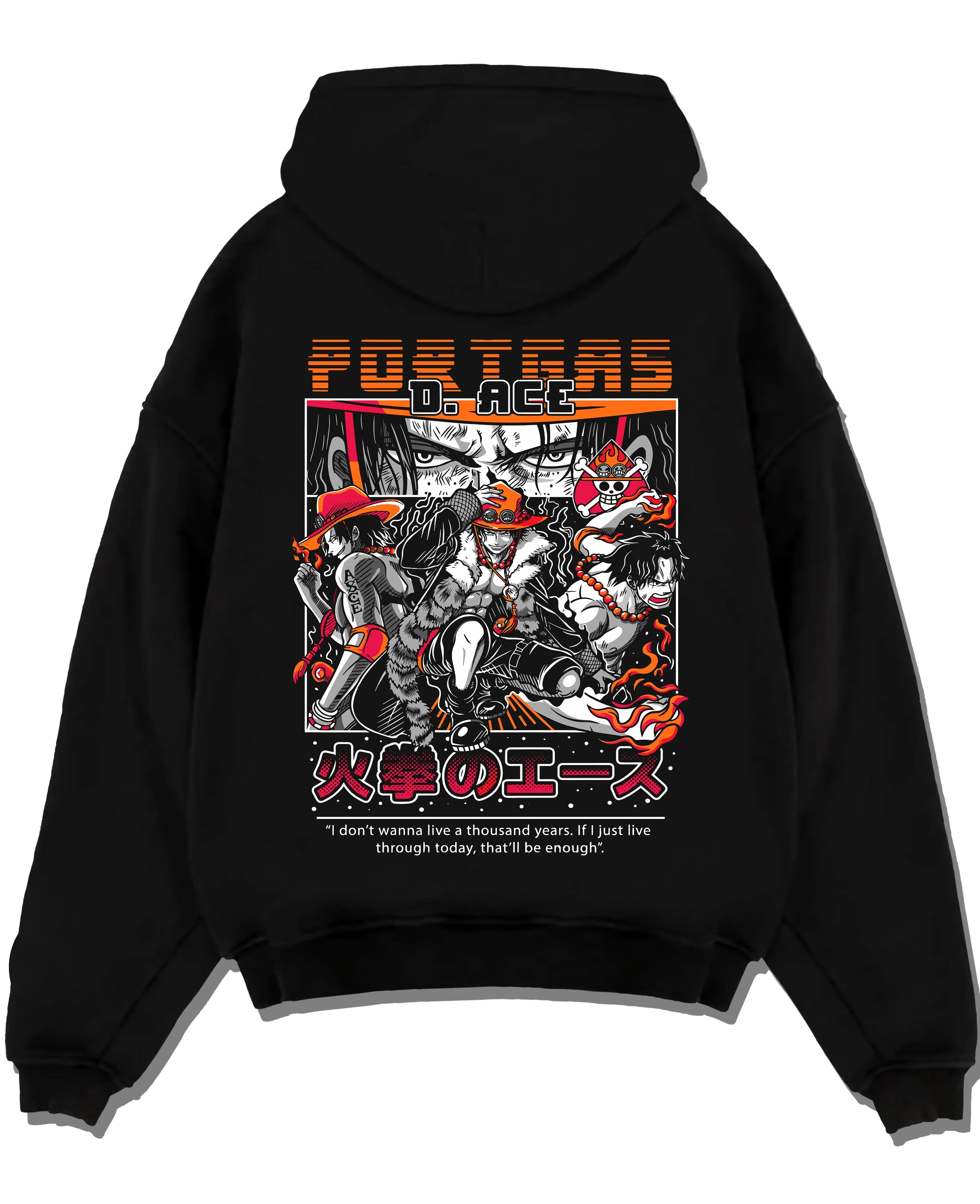 Black pullover hoodie laid flat, featuring Portgas D. Ace anime poster inspired design with fiery retro manga artwork in bold orange and red flames