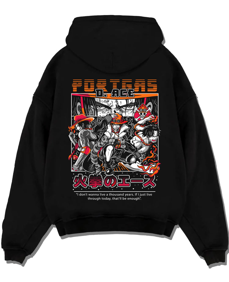 Black pullover hoodie laid flat, featuring Portgas D. Ace anime poster inspired design with fiery retro manga artwork in bold orange and red flames