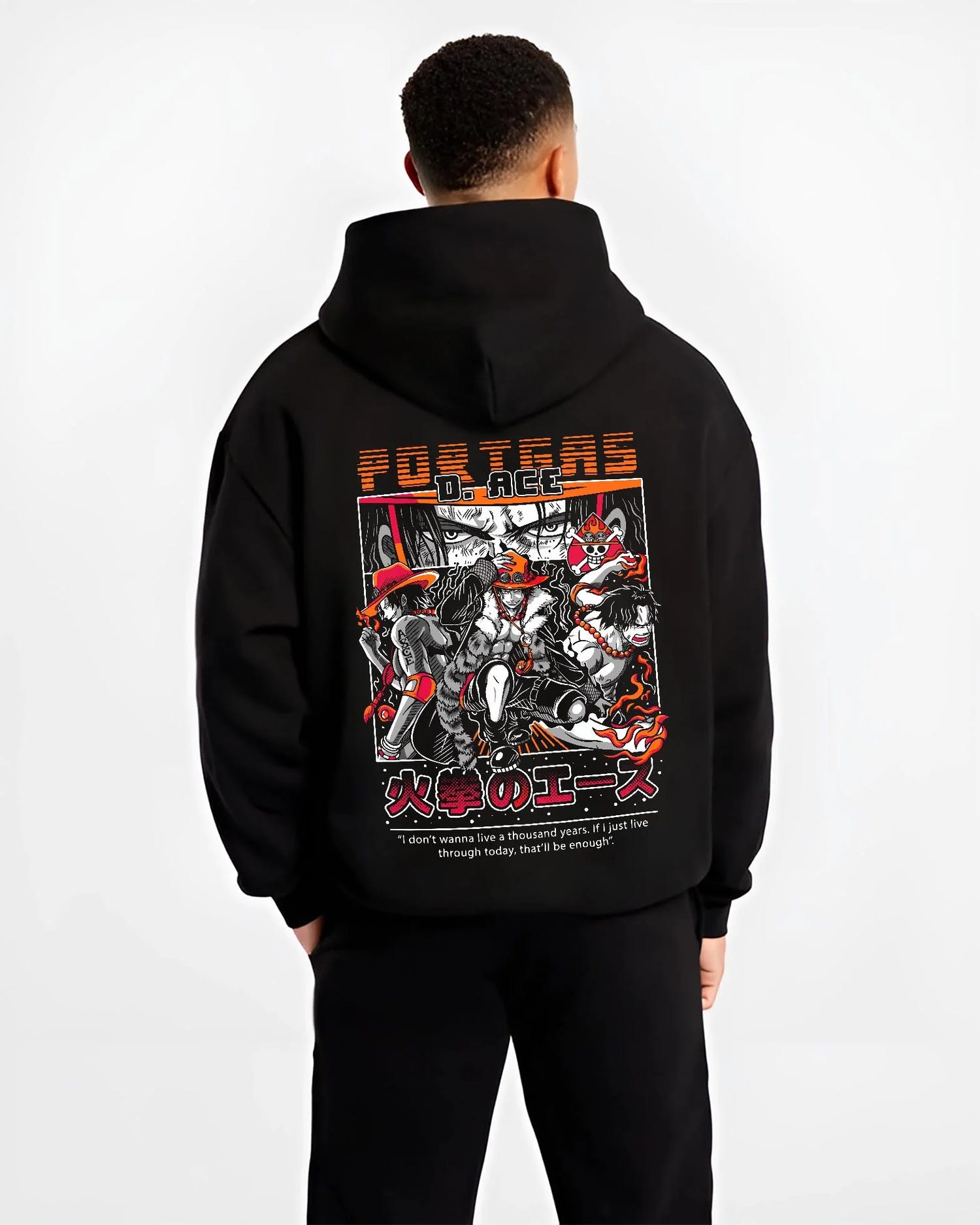 Black hoodie worn by male model, back view, featuring Portgas D. Ace Japanese animation streetwear graphic with shonen battle fire motif in retro manga style