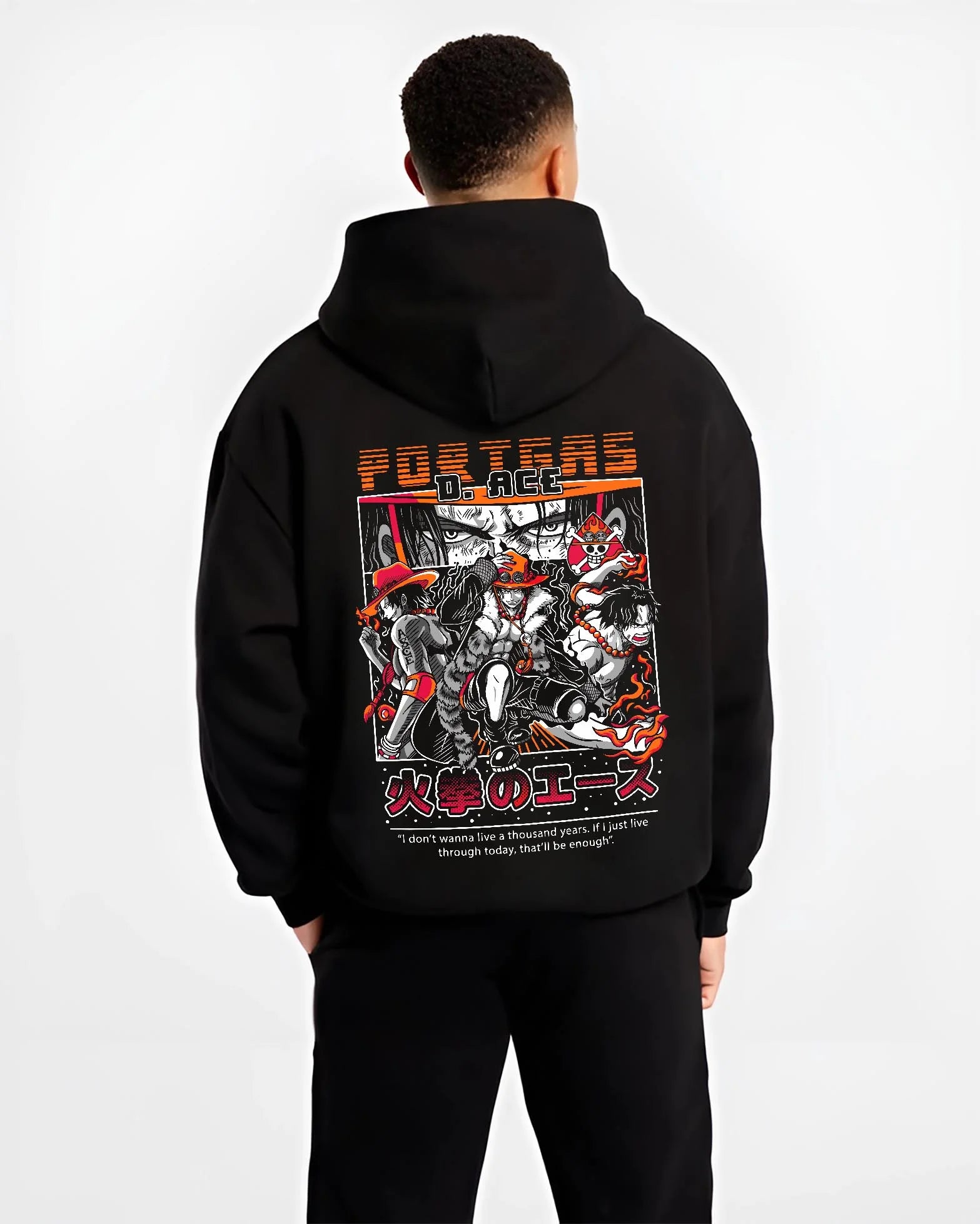 Black hoodie worn by male model, back view, featuring Portgas D. Ace Japanese animation streetwear graphic with shonen battle fire motif in retro manga style