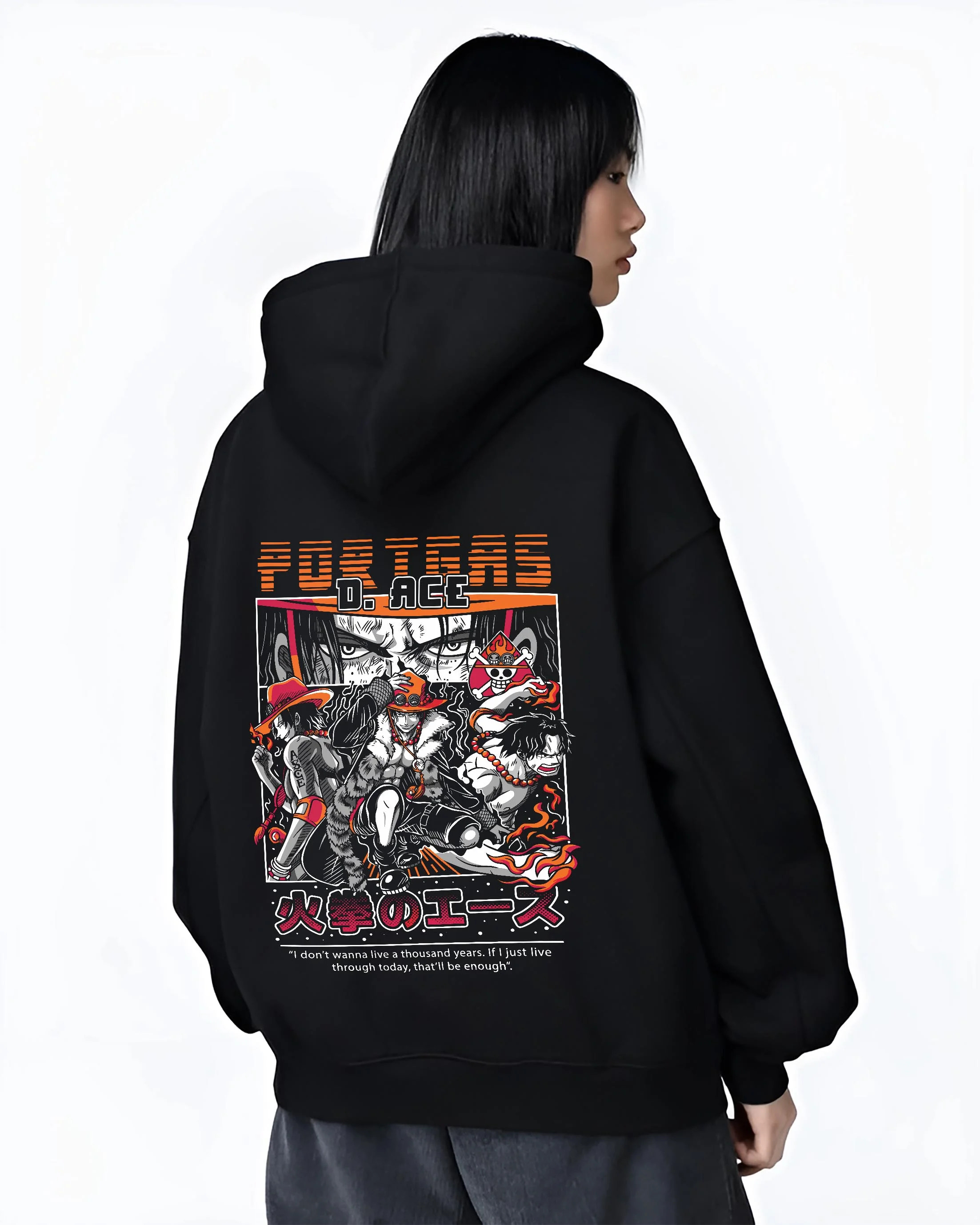 Black hoodie worn by female model, back view, featuring Portgas D. Ace retro manga graphic with fiery flame pose and anime streetwear aesthetic
