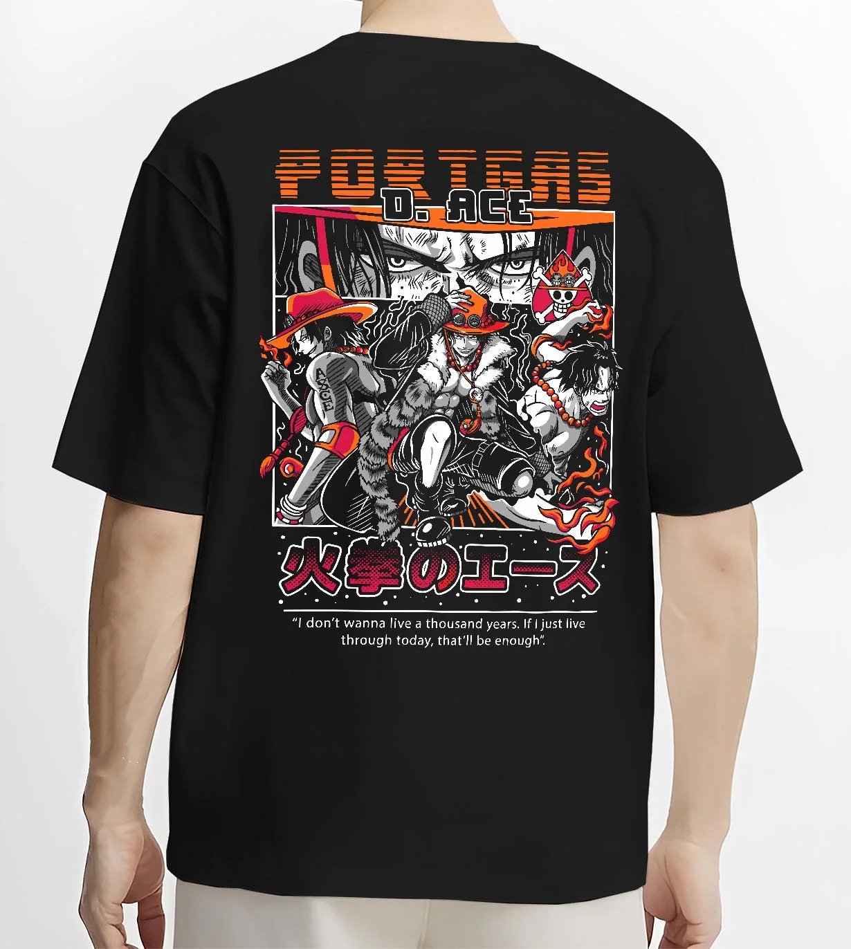 Black T-shirt worn by male model, back view, featuring Portgas D. Ace anime poster inspired artwork with flames, hat and tattoo in dynamic retro graphic style
