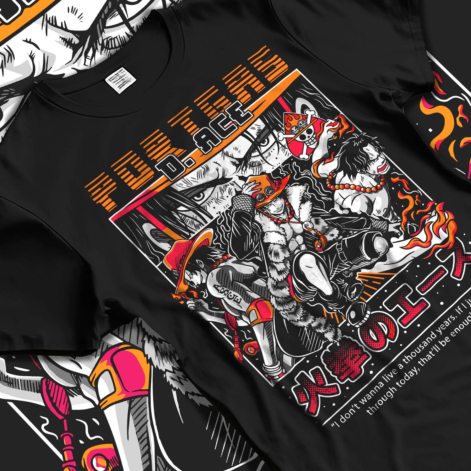 Black T-shirt laid flat with natural folds, featuring Portgas D. Ace anime retro manga graphic flame motif with Japanese animation streetwear styling