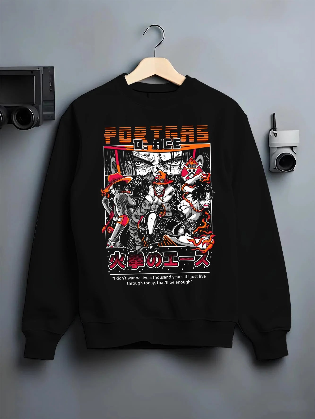 Black crewneck sweatshirt on hanger, featuring Portgas D. Ace fiery retro streetwear back design with bold shonen manga battle aesthetic