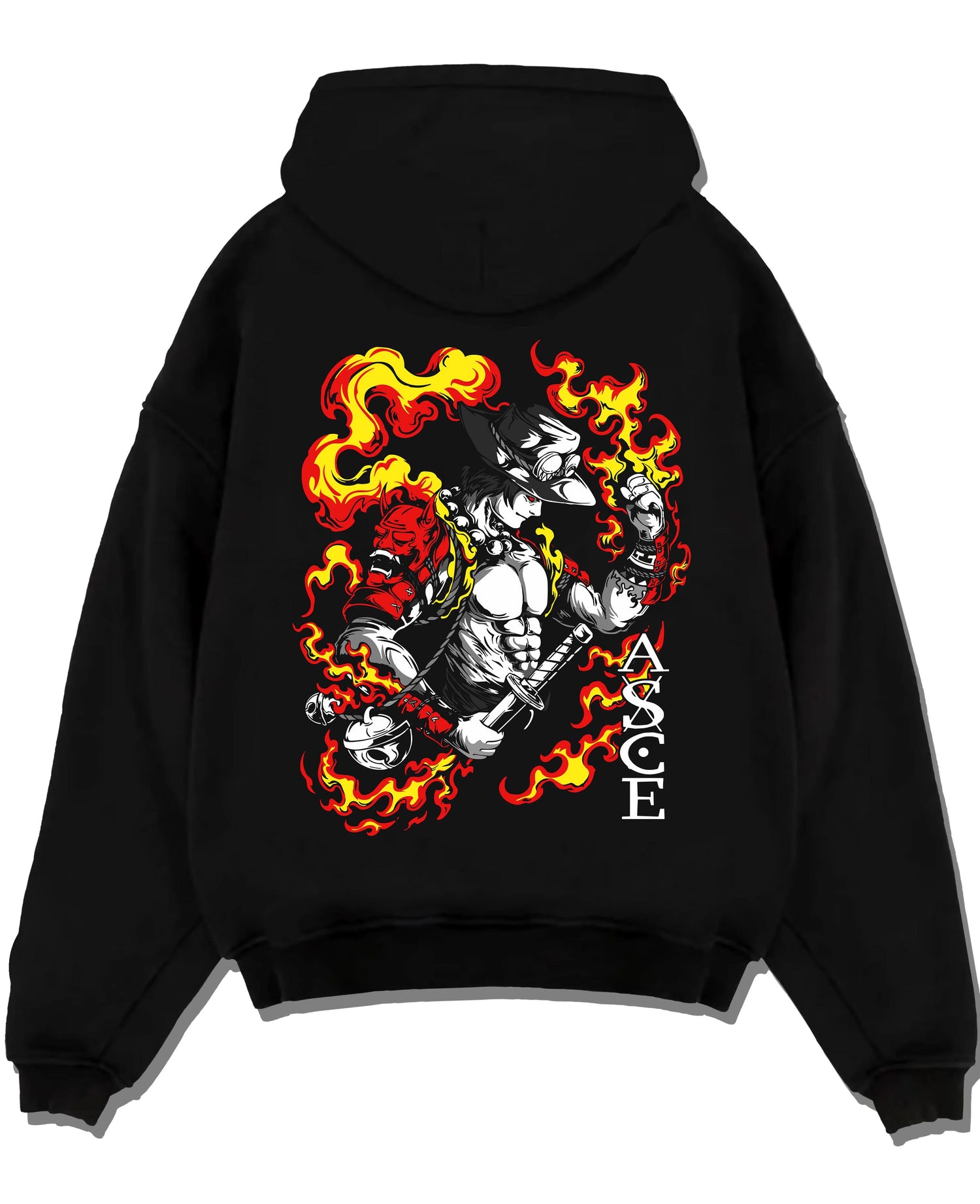 Black pullover hoodie laid flat, featuring Portgas D. Ace flame samurai anime design with oni mask and fiery retro manga style
