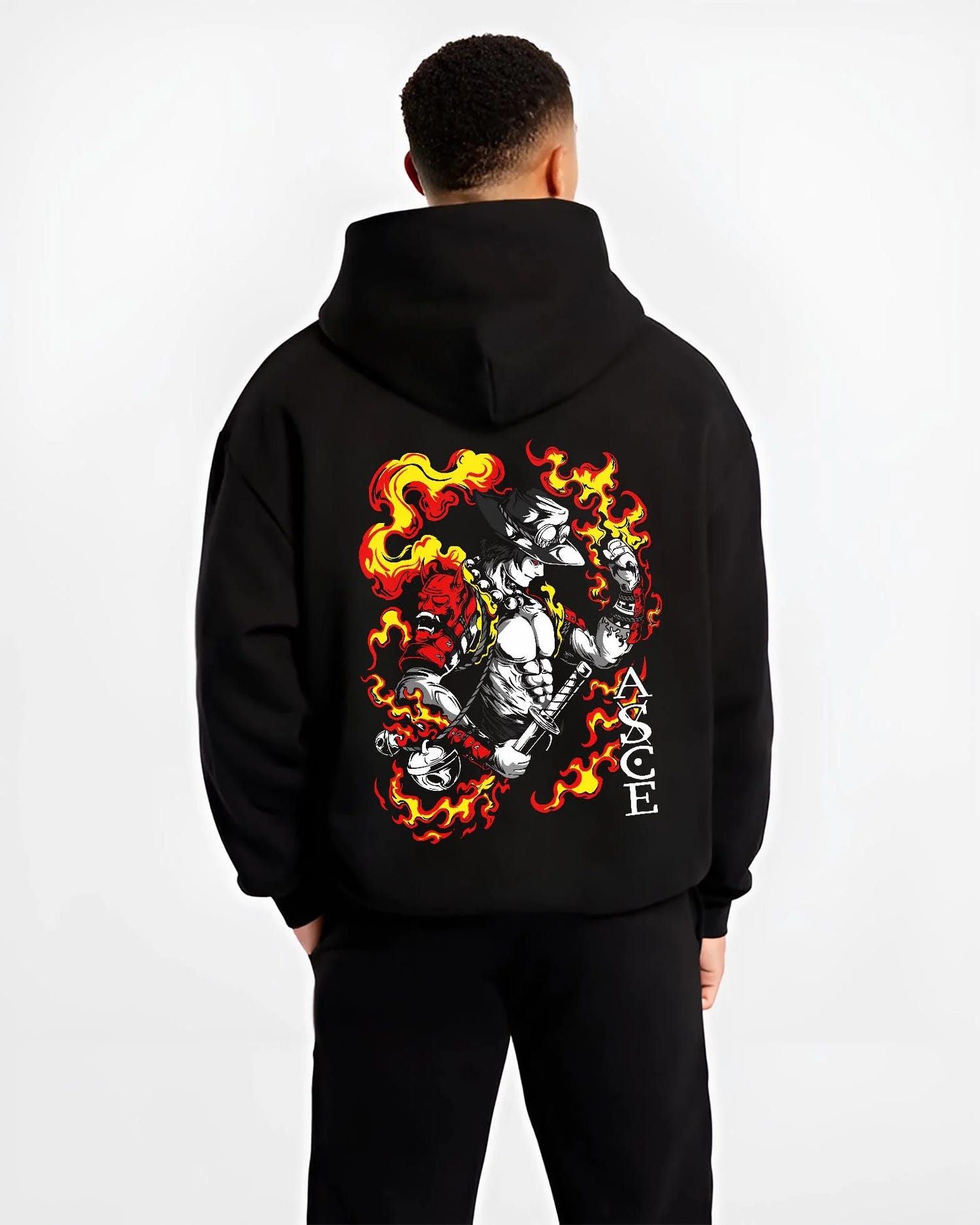 Black hoodie worn by male model, back view, featuring Portgas D. Ace shonen battle character artwork with blazing fire and katana pose