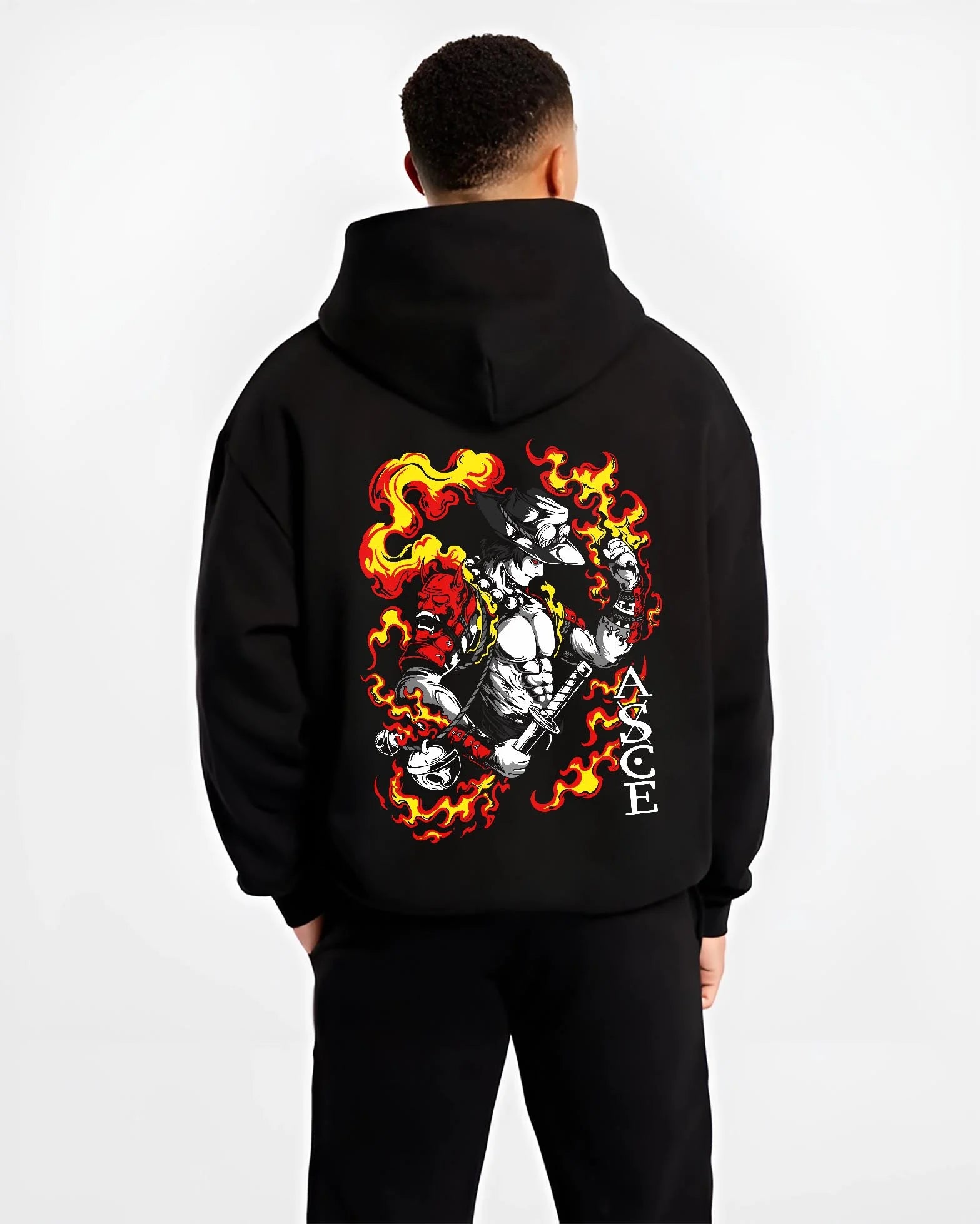 Black hoodie worn by male model, back view, featuring Portgas D. Ace shonen battle character artwork with blazing fire and katana pose