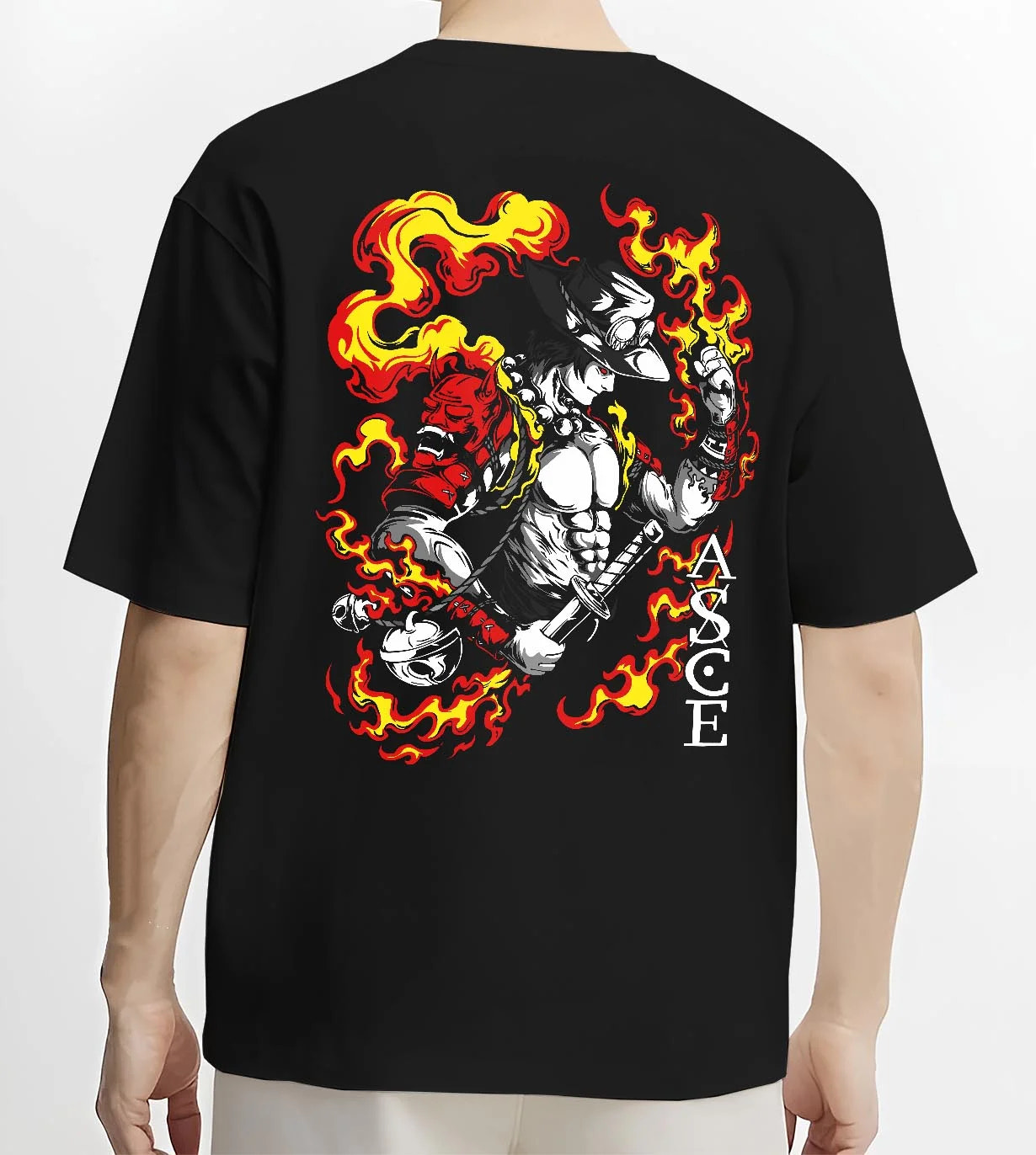 Black T-shirt worn by male model, back view, featuring Portgas D. Ace fiery retro manga samurai design with bold anime streetwear aesthetic