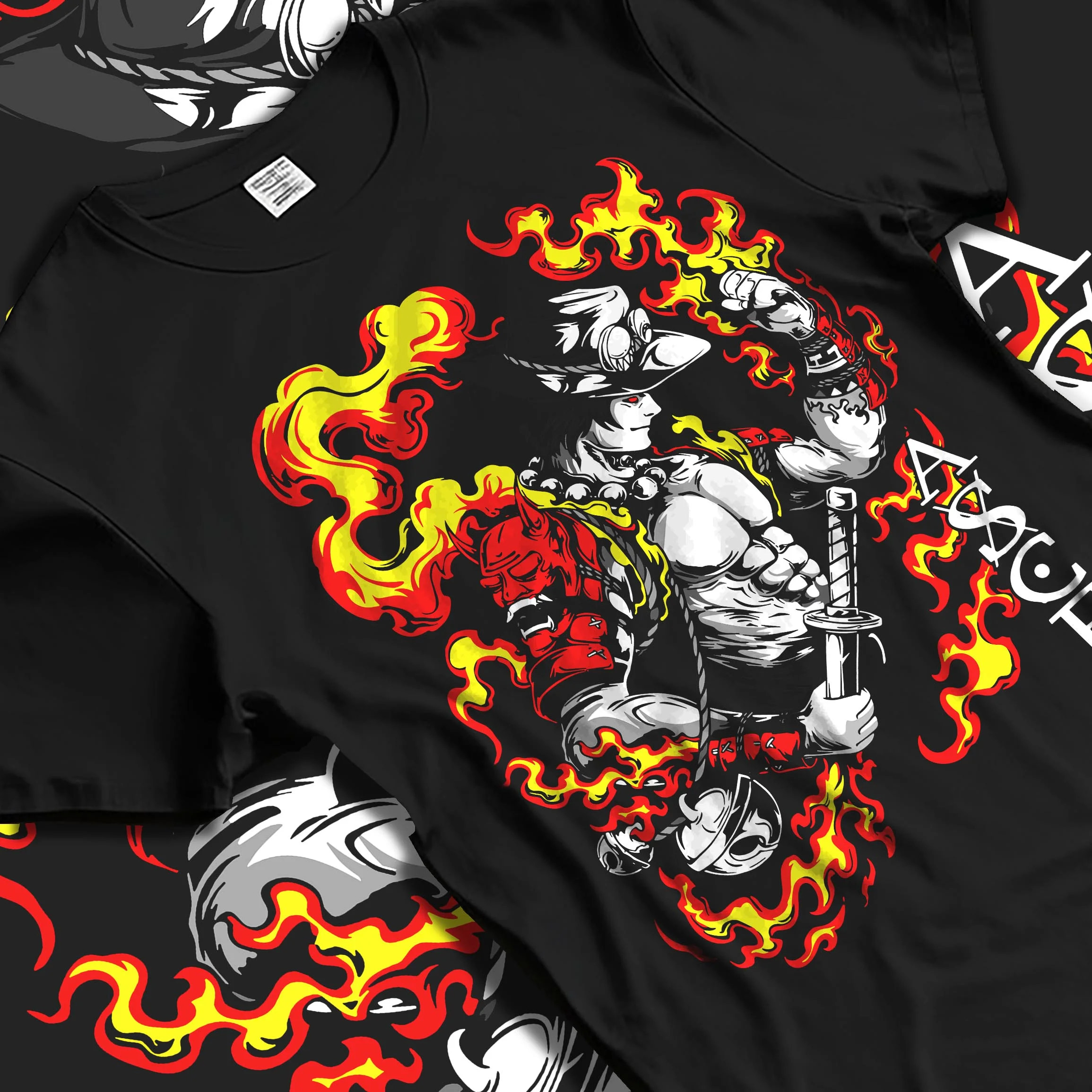 Black T-shirt laid flat with natural folds, featuring Portgas D. Ace flame aura anime poster inspired design in Japanese animation streetwear style