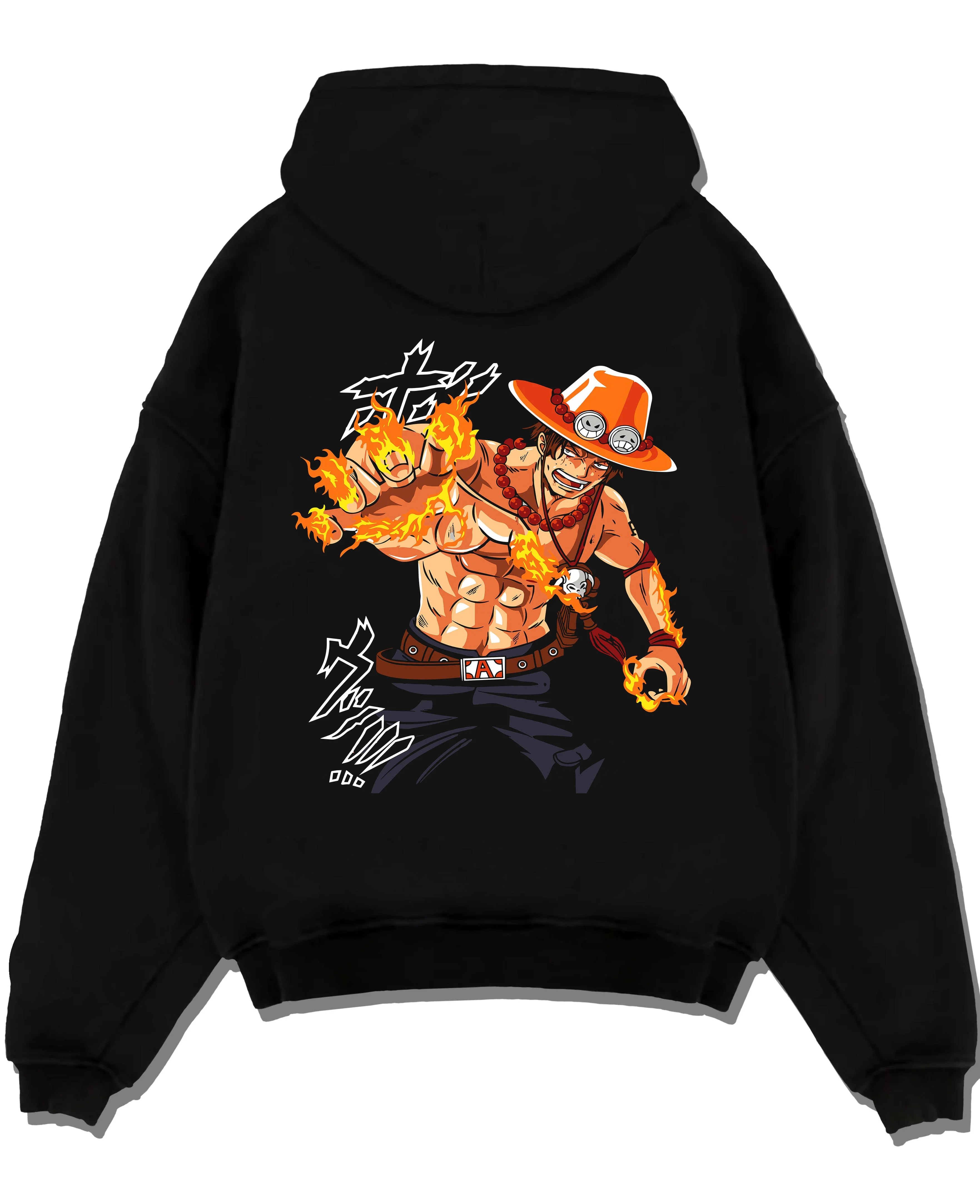 Black pullover hoodie laid flat with Portgas Ace Blaze Hoodie One Piece Ember Aura Flames graphic bold anime graphic.