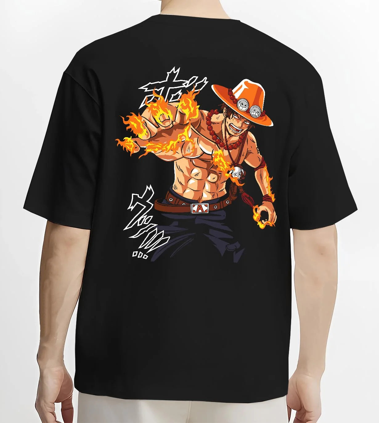 Black T-shirt worn by male model, back view with Portgas Ace Blaze Hoodie One Piece Ember Aura Flames graphic streetwear graphic.