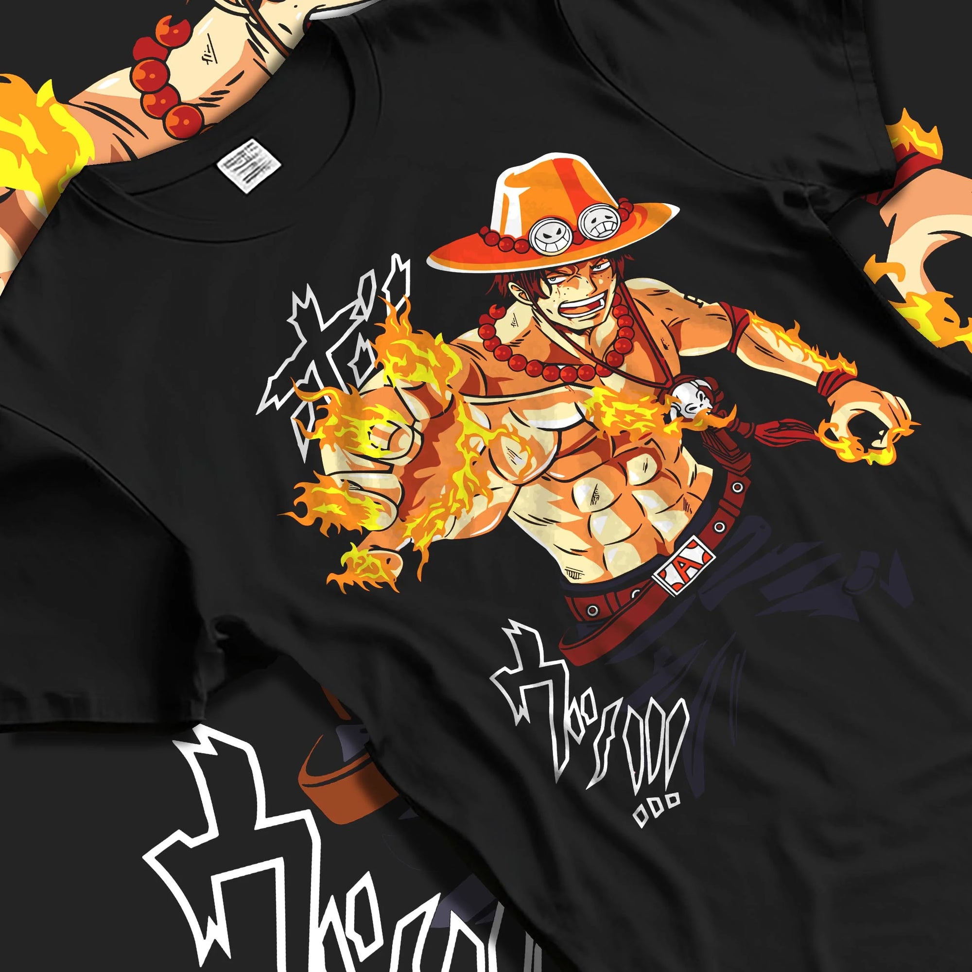 Black T-shirt laid flat with natural folds with Portgas Ace Blaze Hoodie One Piece Ember Aura Flames graphic streetwear graphic.
