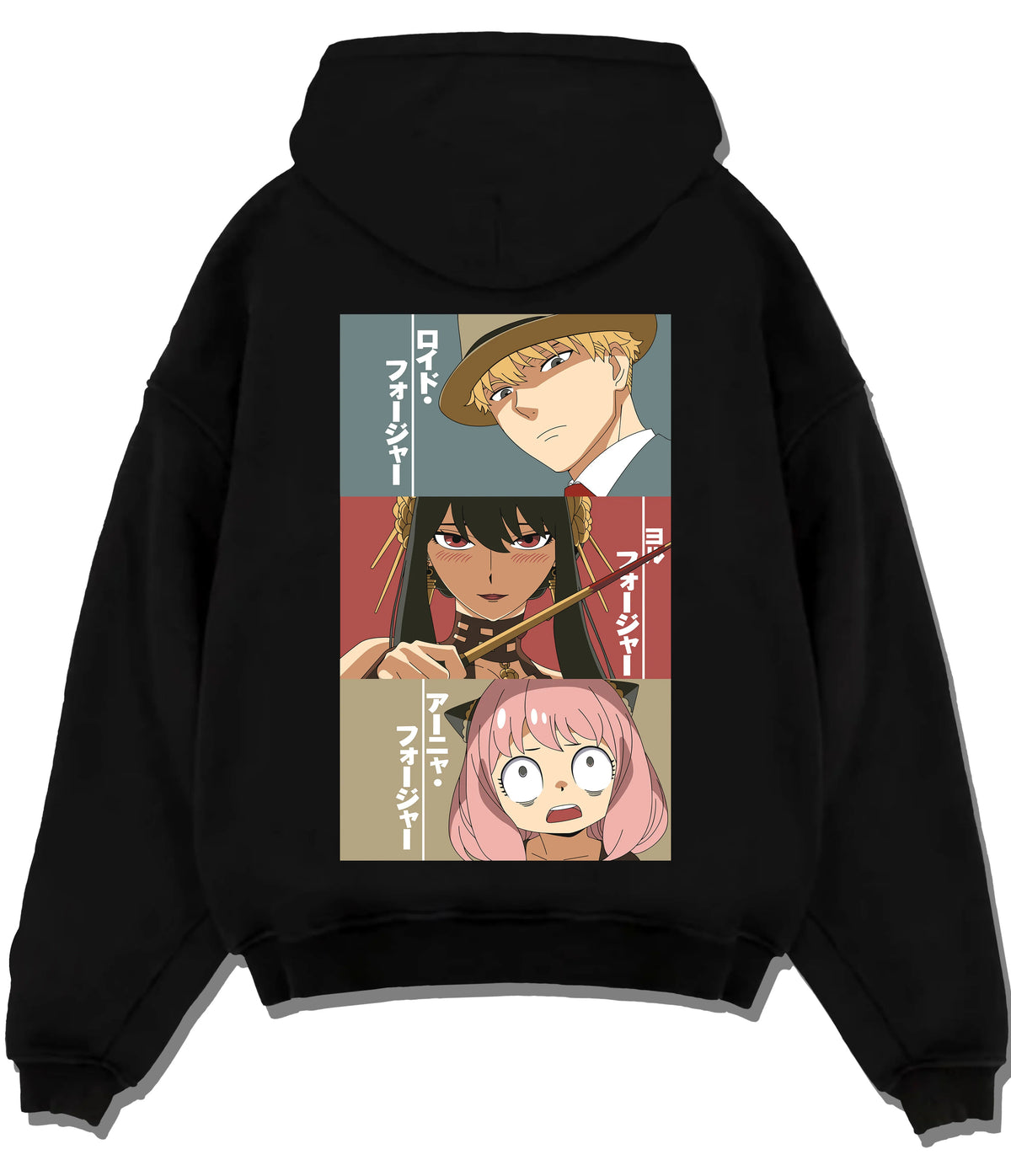 Black hoodie flat back view showing Loid Forger, Yor Forger and Anya Forger from Spy x Family: three-panel portrait collage