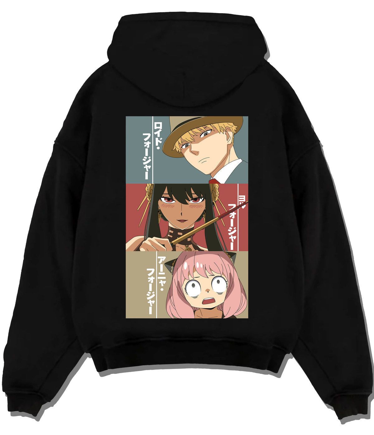 Black hoodie flat back view showing Loid Forger, Yor Forger and Anya Forger from Spy x Family: three-panel portrait collage