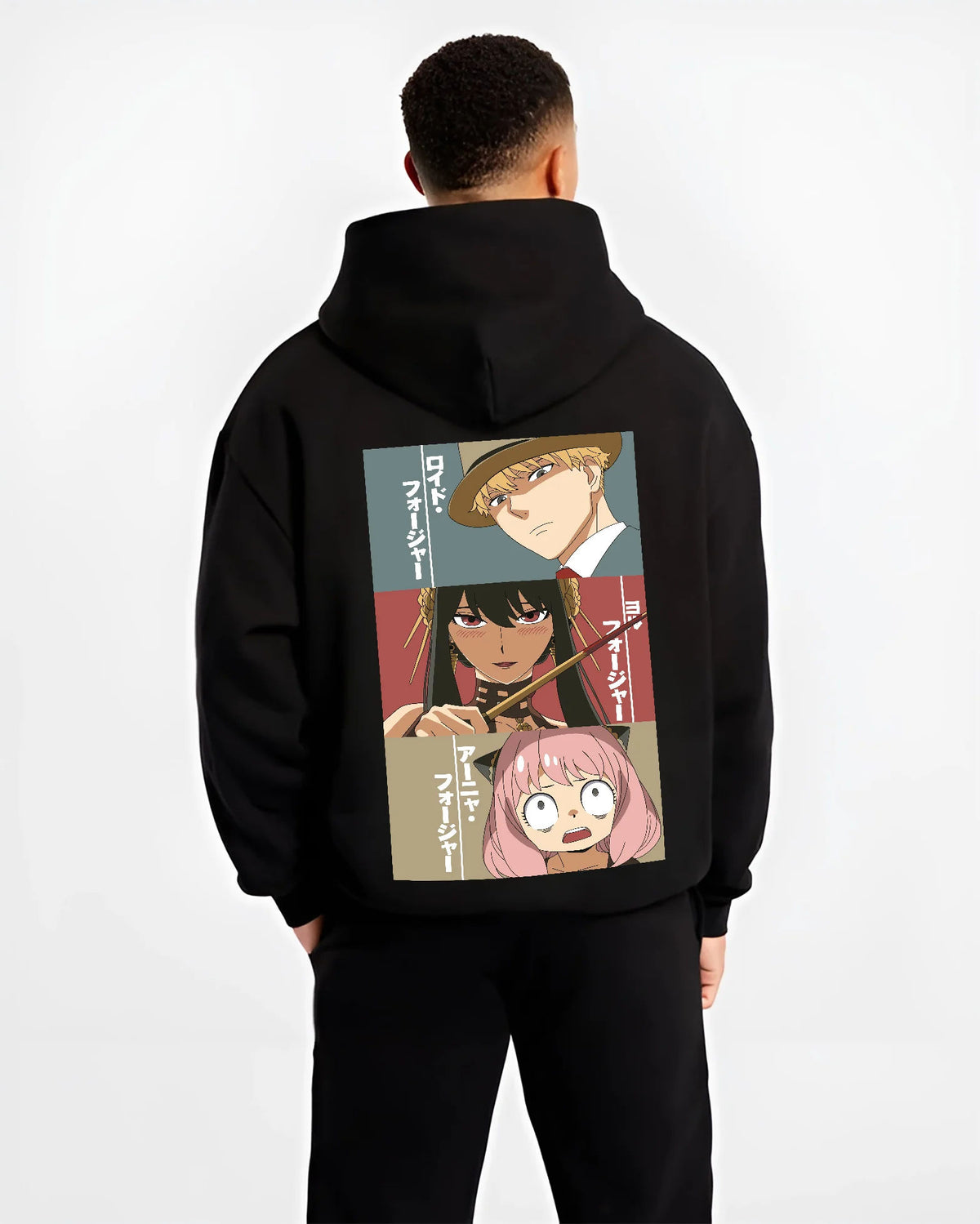 Black hoodie model back view showing Loid Forger, Yor Forger and Anya Forger from Spy x Family: three-panel portrait collage