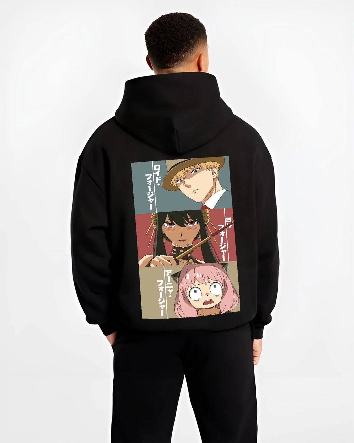 Black hoodie model back view showing Loid Forger, Yor Forger and Anya Forger from Spy x Family: three-panel portrait collage