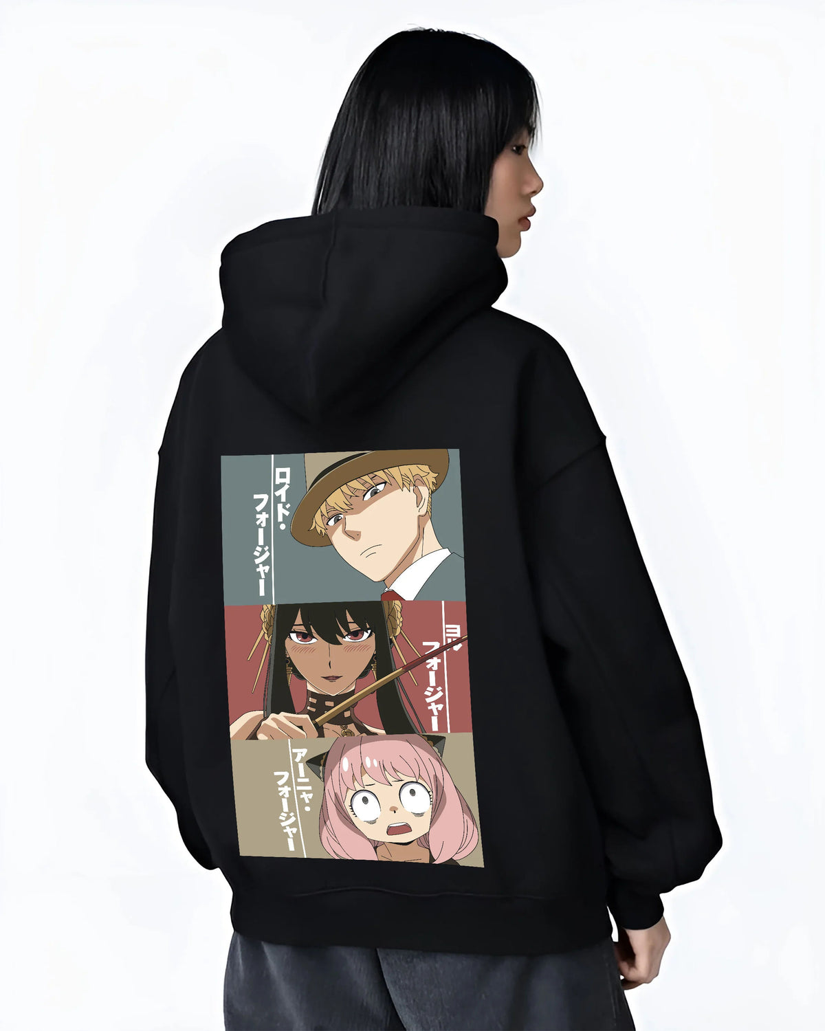 Black hoodie female model back view showing Loid Forger, Yor Forger and Anya Forger from Spy x Family: three-panel portrait