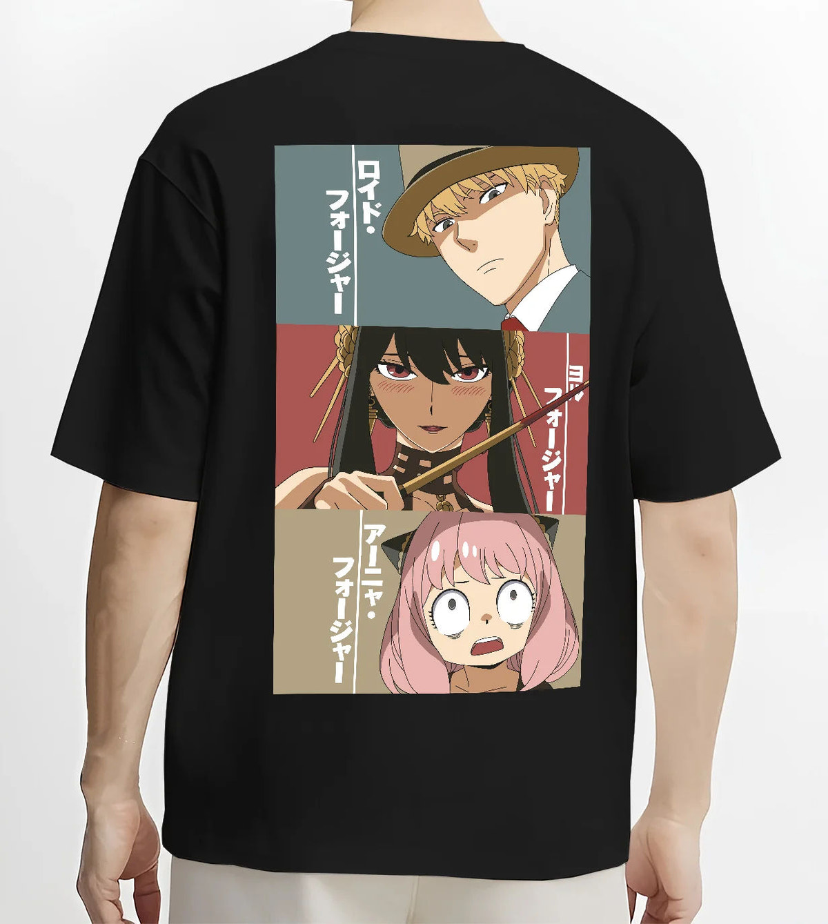 Black T-shirt model back view showing Loid Forger, Yor Forger and Anya Forger from Spy x Family: three-panel portrait collage