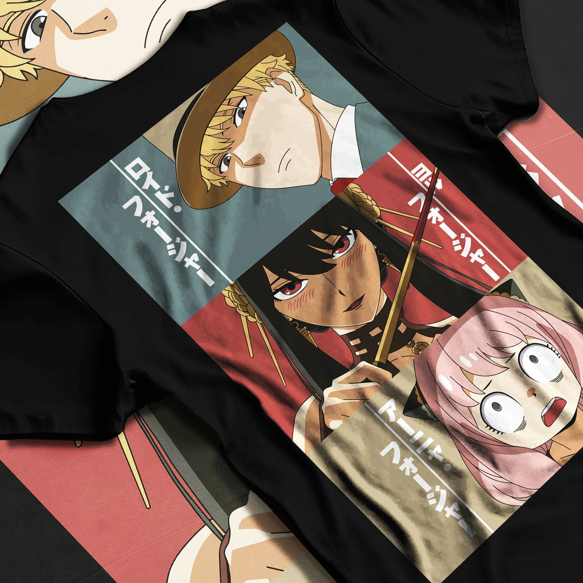 Black T-shirt flat back view showing Loid Forger, Yor Forger and Anya Forger from Spy x Family: three-panel portrait collage