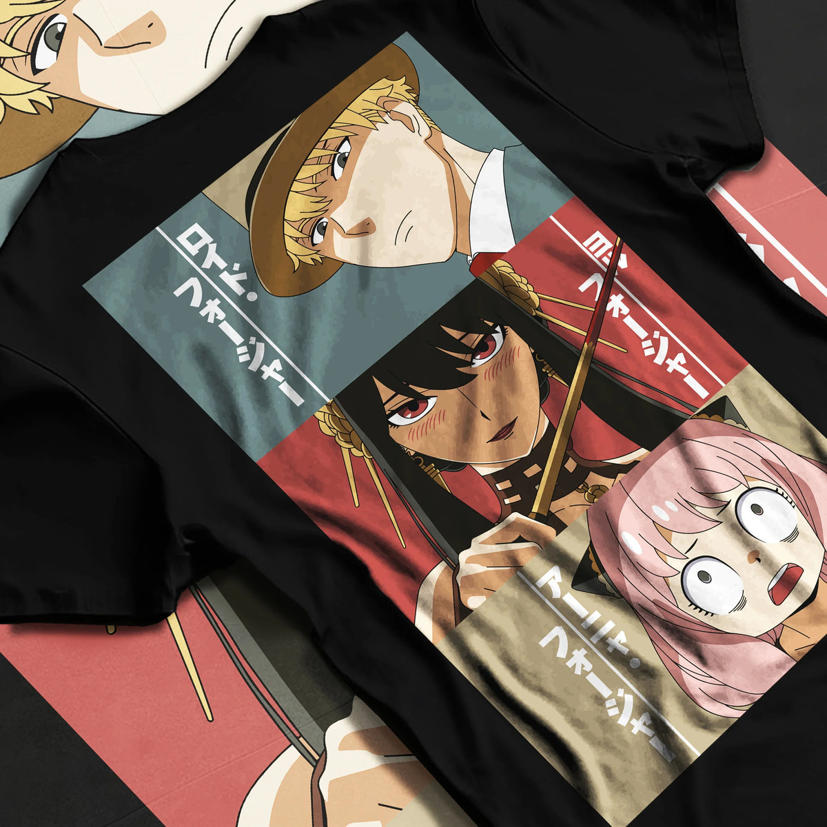 Black T-shirt flat back view showing Loid Forger, Yor Forger and Anya Forger from Spy x Family: three-panel portrait collage