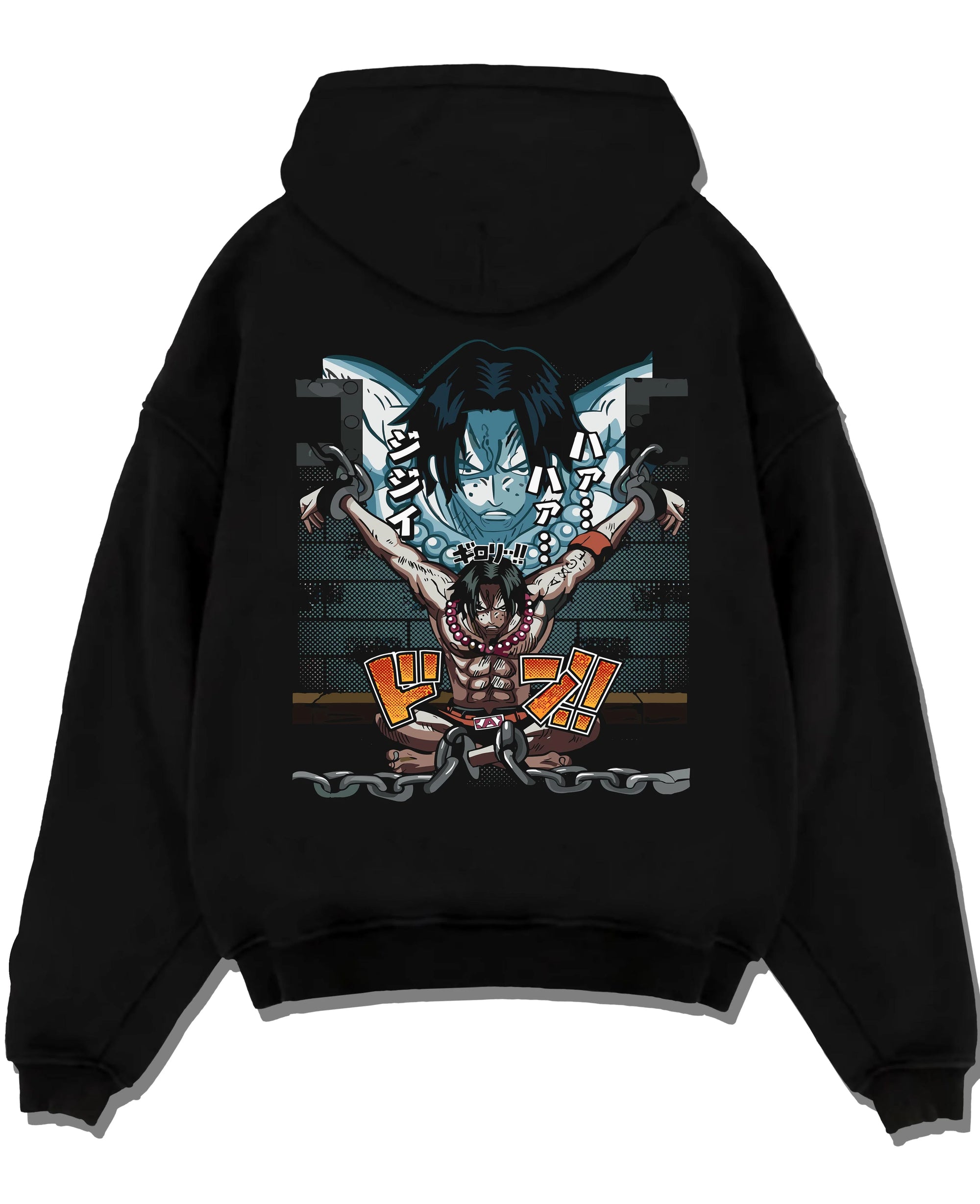 Black pullover hoodie laid flat with Portgas Ace Chains Hoodie One Piece Prison Cell Flames graphic bold anime graphic.