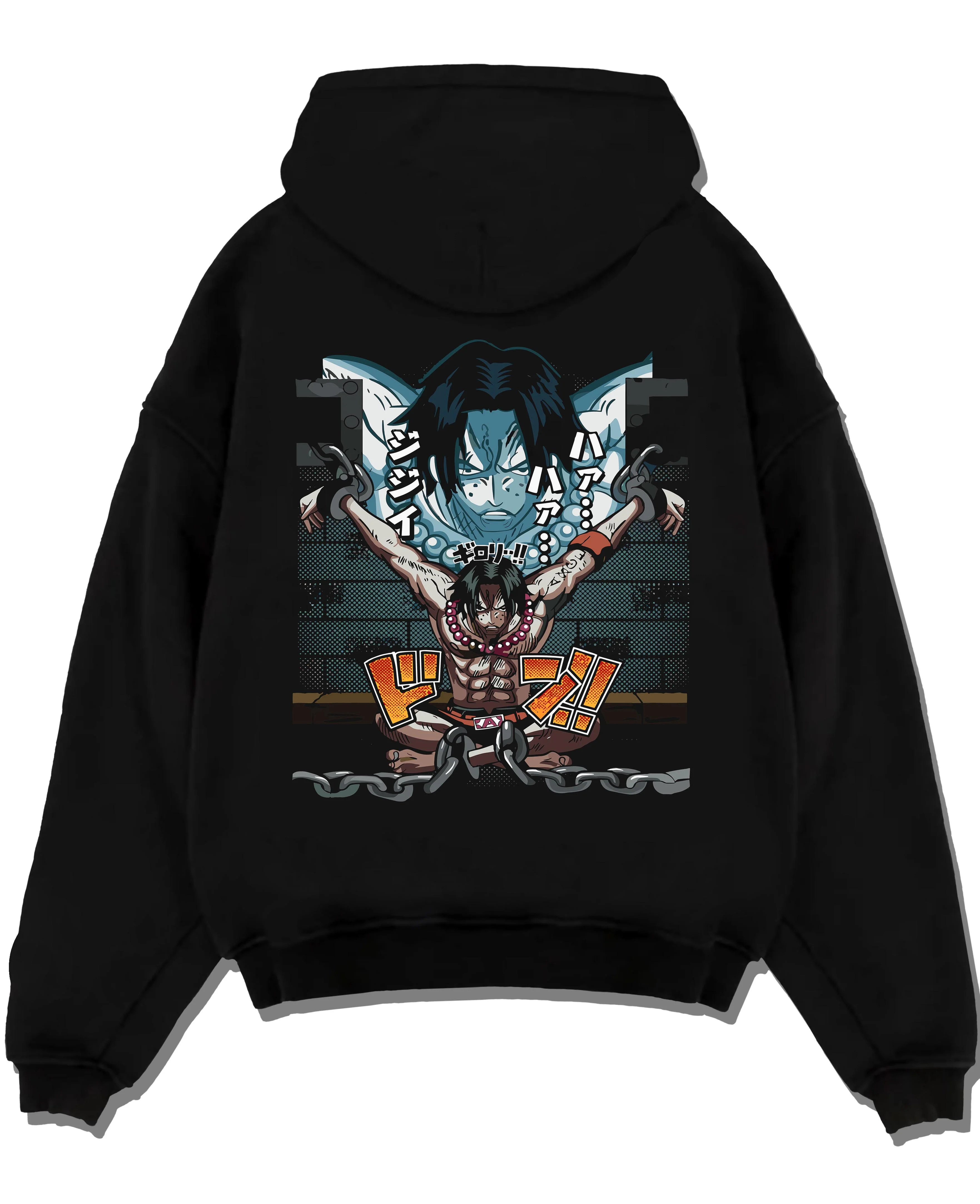 Black pullover hoodie laid flat with Portgas Ace Chains Hoodie One Piece Prison Cell Flames graphic bold anime graphic.