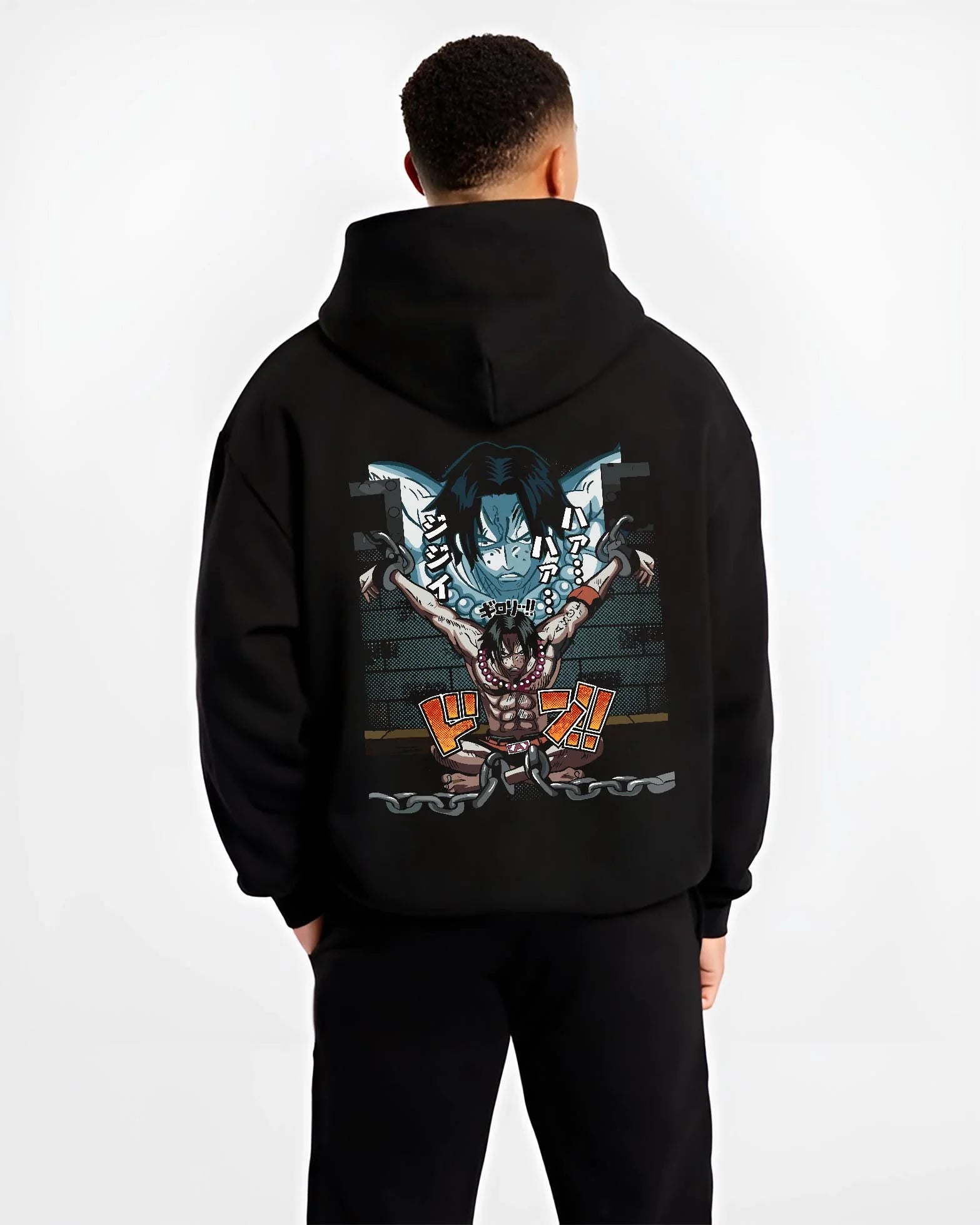 Black hoodie worn by male model, back view with Portgas Ace Chains Hoodie One Piece Prison Cell Flames graphic premium wear.