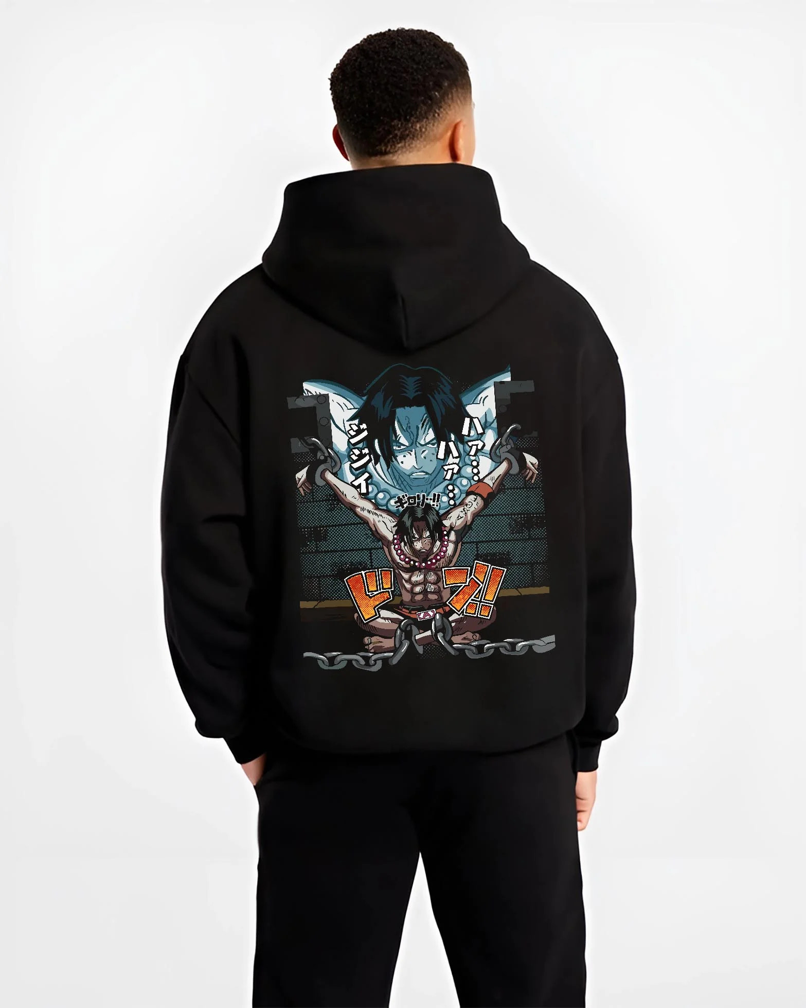 Black hoodie worn by male model, back view with Portgas Ace Chains Hoodie One Piece Prison Cell Flames graphic premium wear.