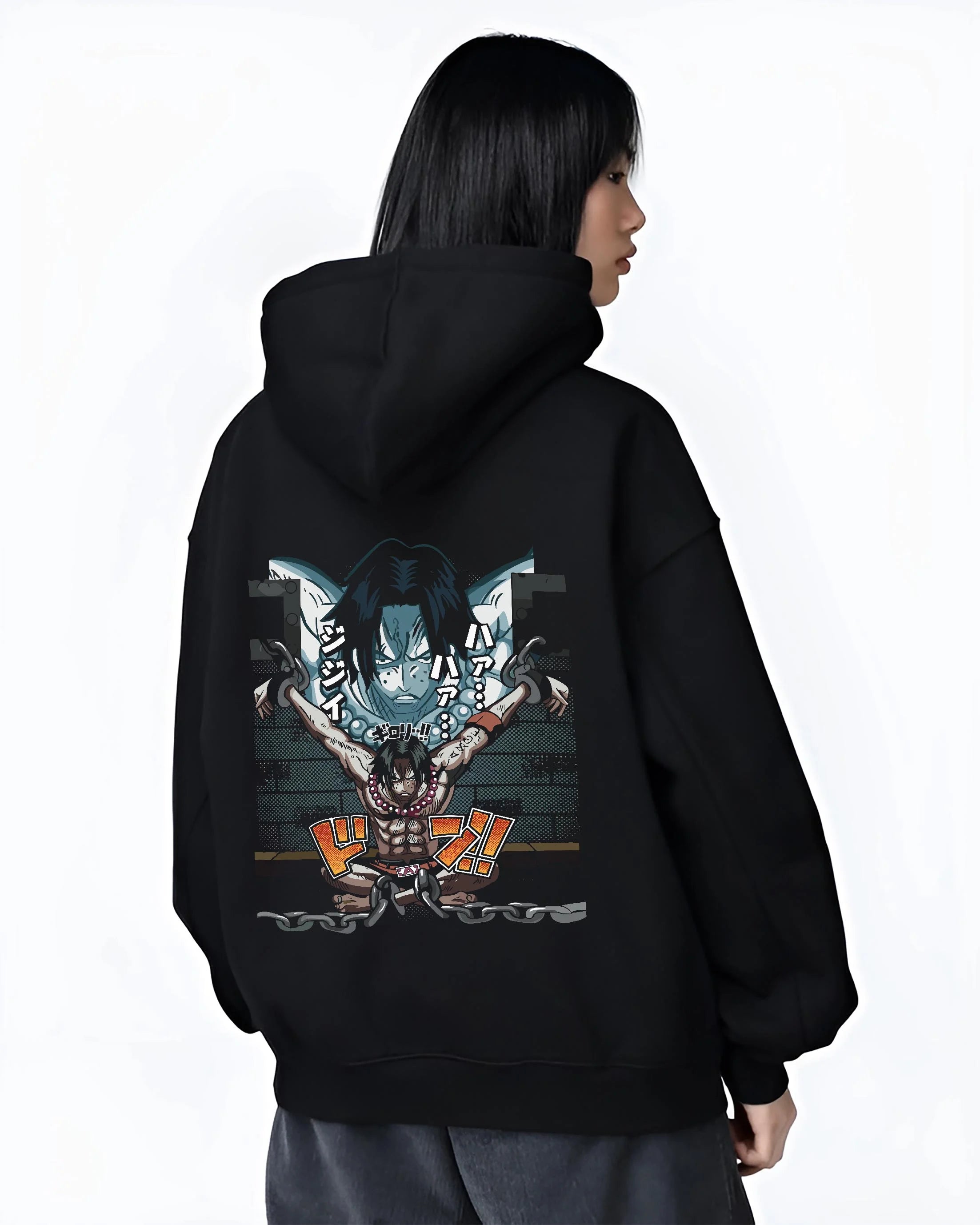 Black hoodie worn by female model, back view with Portgas Ace Chains Hoodie One Piece Prison Cell Flames graphic bold anime graphic.