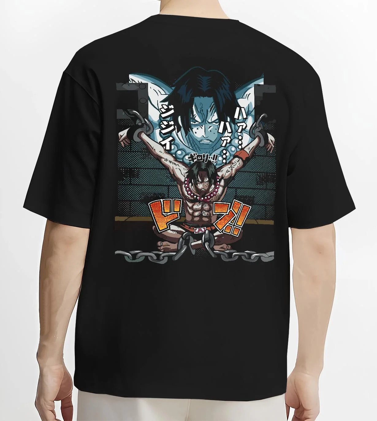 Black T-shirt worn by male model, back view with Portgas Ace Chains Hoodie One Piece Prison Cell Flames graphic premium wear.