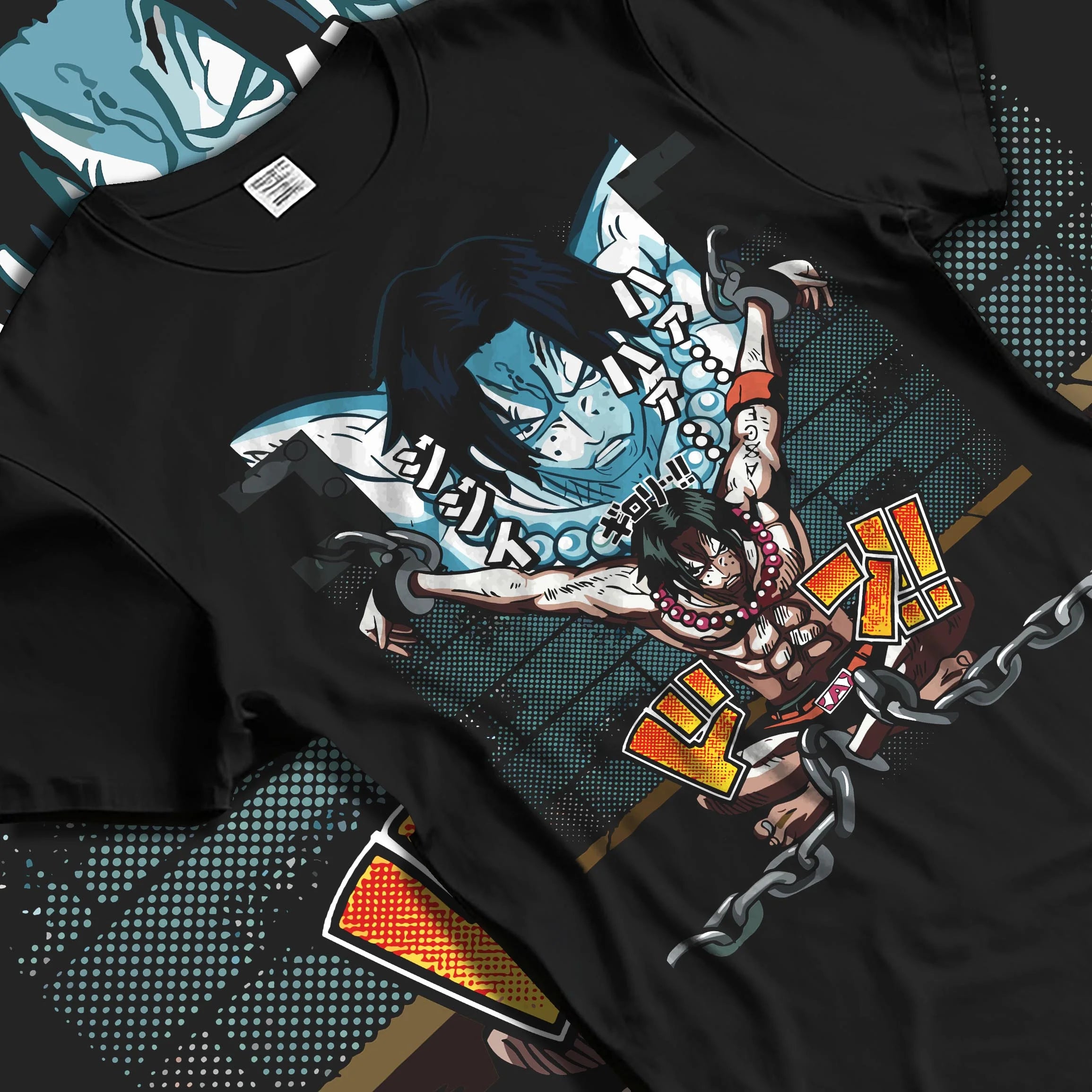 Black T-shirt laid flat with natural folds with Portgas Ace Chains Hoodie One Piece Prison Cell Flames graphic premium wear.