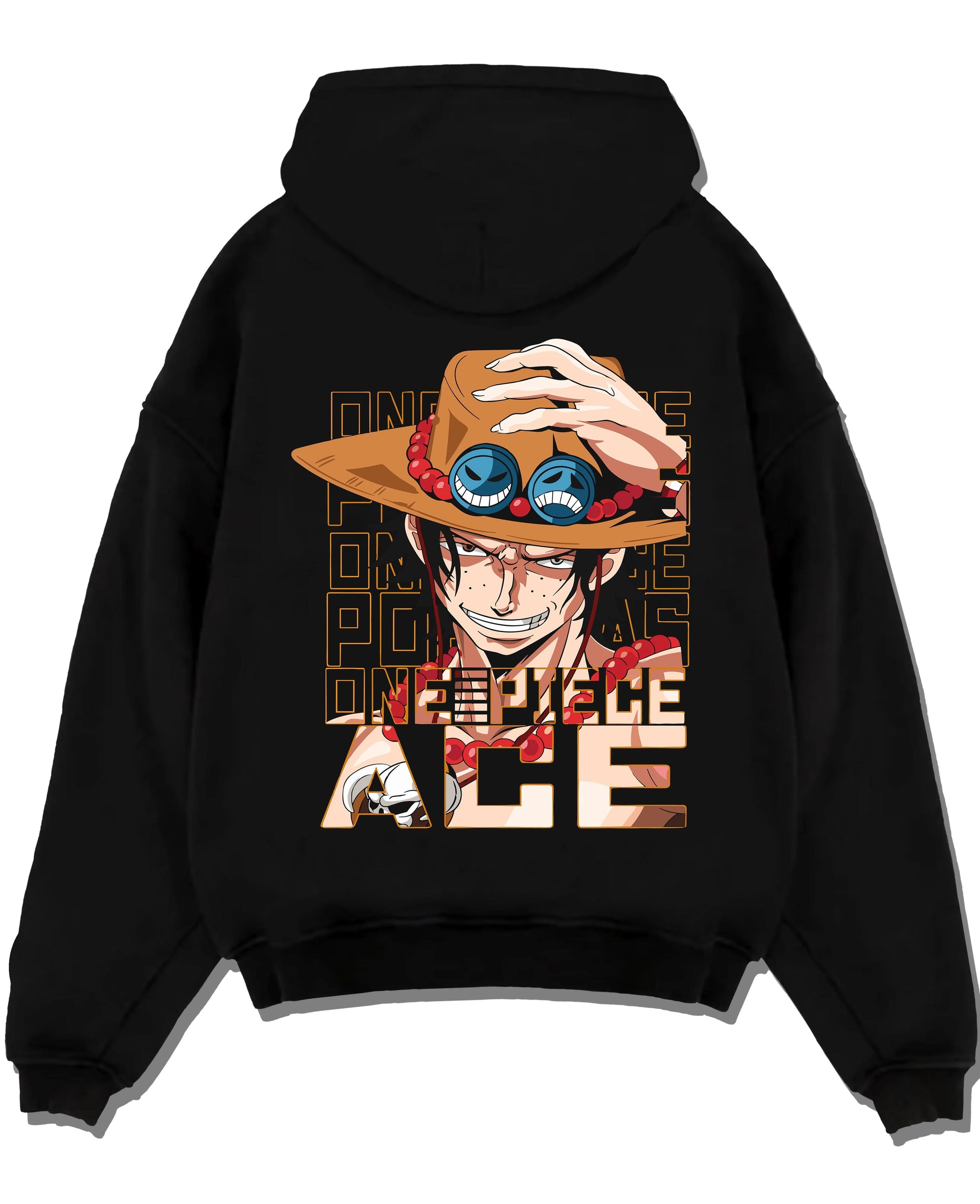 Black pullover hoodie laid flat with Portgas D Ace Hoodie One Piece Freckled Pirate Grin graphic streetwear graphic.