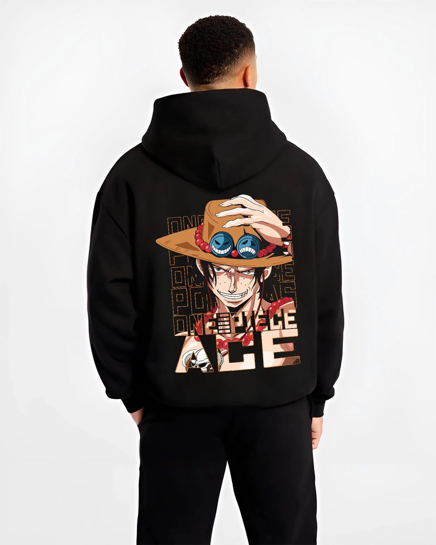 Black hoodie worn by male model, back view with Portgas D Ace Hoodie One Piece Freckled Pirate Grin graphic bold anime graphic.