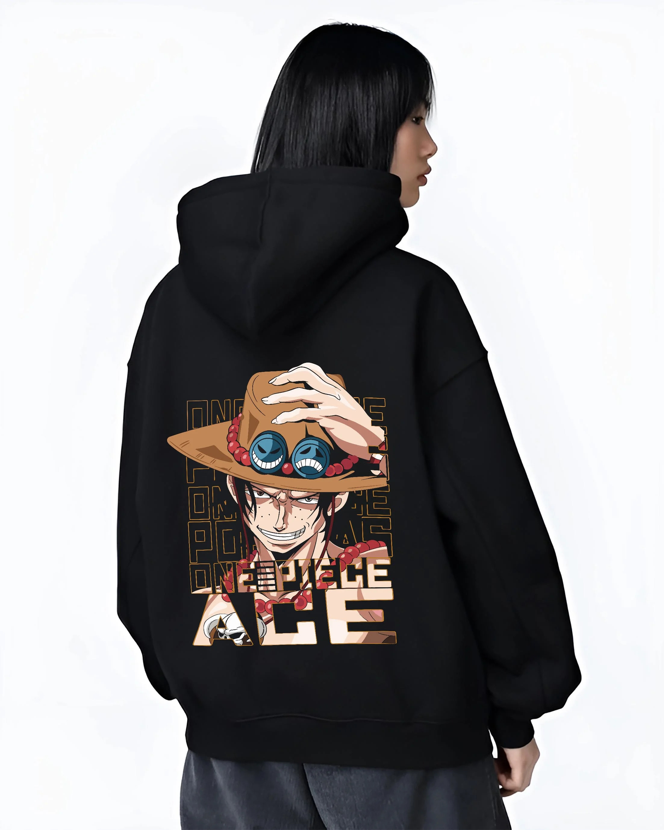 Black hoodie worn by female model, back view with Portgas D Ace Hoodie One Piece Freckled Pirate Grin graphic streetwear graphic.