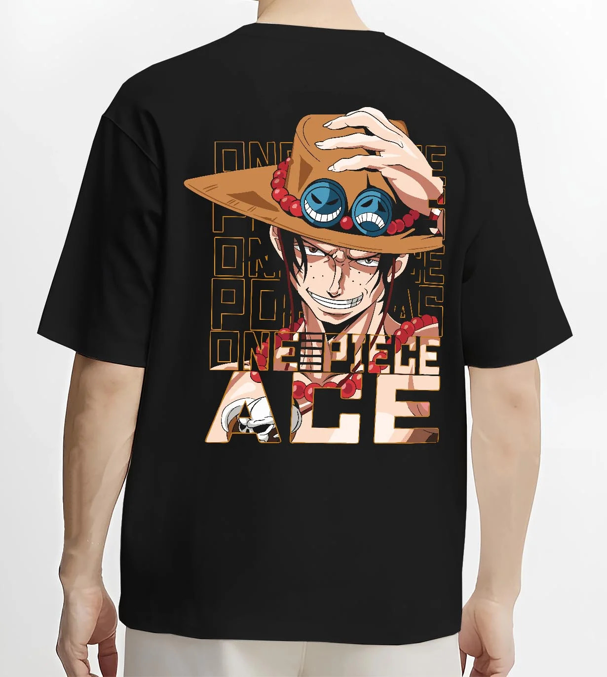Black T-shirt worn by male model, back view with Portgas D Ace Hoodie One Piece Freckled Pirate Grin graphic premium wear.