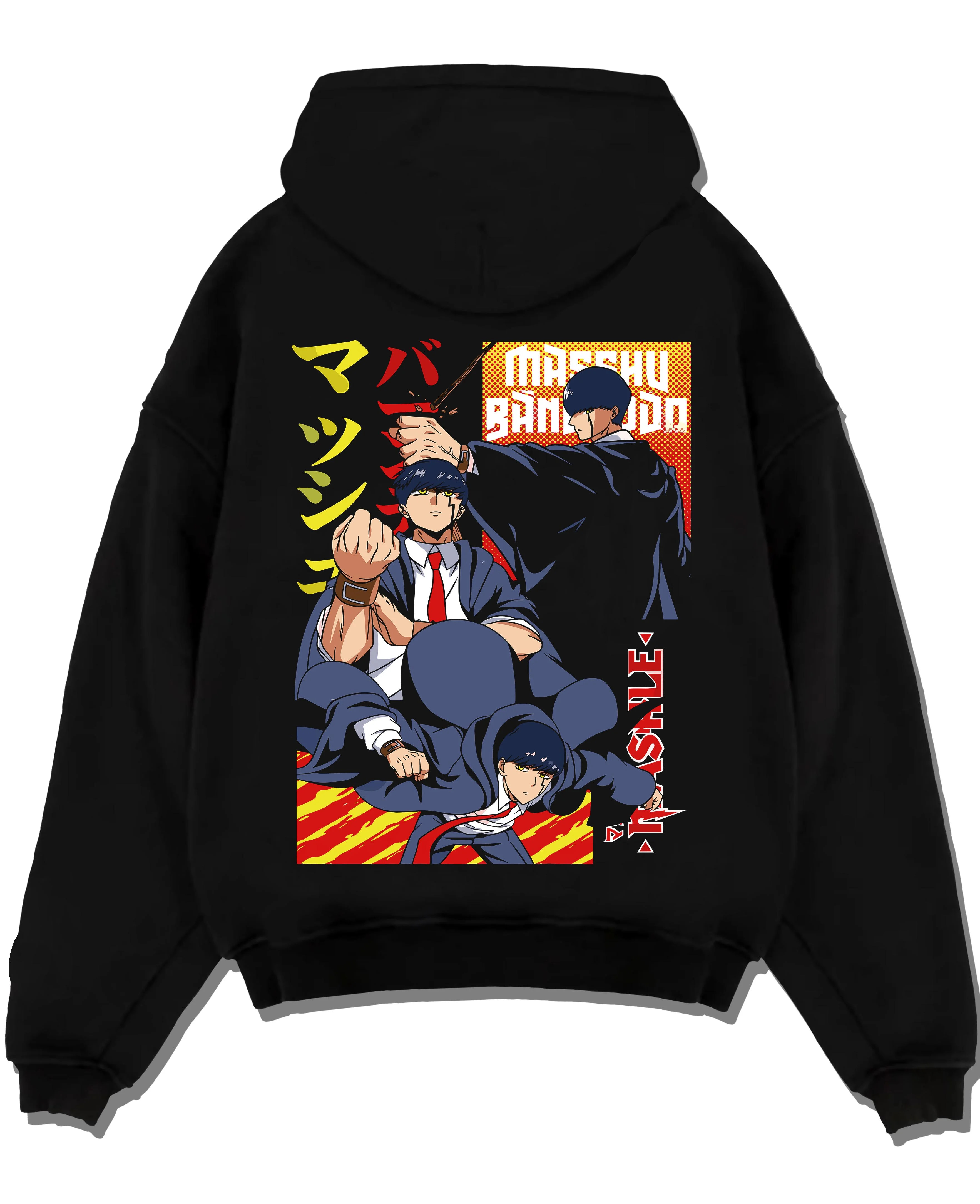 Black pullover hoodie laid flat with Mashle Magic Muscles Hoodie Action Pose Anime Jumper graphic premium wear.