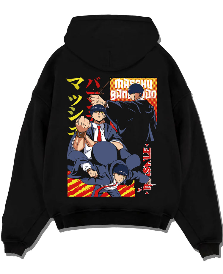 Black pullover hoodie laid flat with Mashle Magic Muscles Hoodie Action Pose Anime Jumper graphic premium wear.