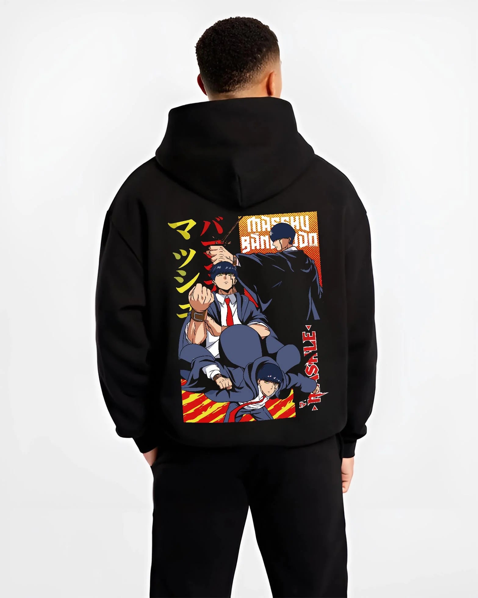 Black hoodie worn by male model, back view with Mashle Magic Muscles Hoodie Action Pose Anime Jumper graphic bold anime graphic.