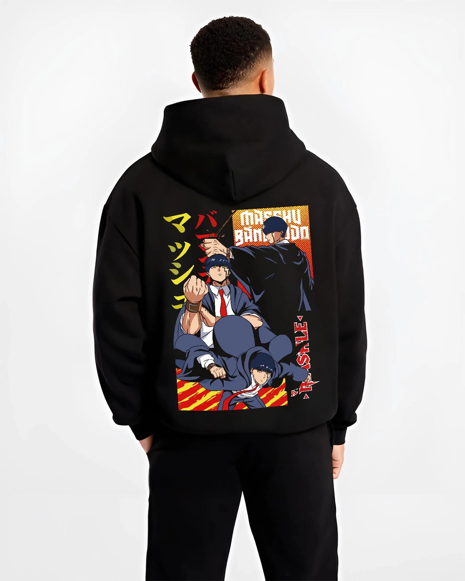Black hoodie worn by male model, back view with Mashle Magic Muscles Hoodie Action Pose Anime Jumper graphic bold anime graphic.