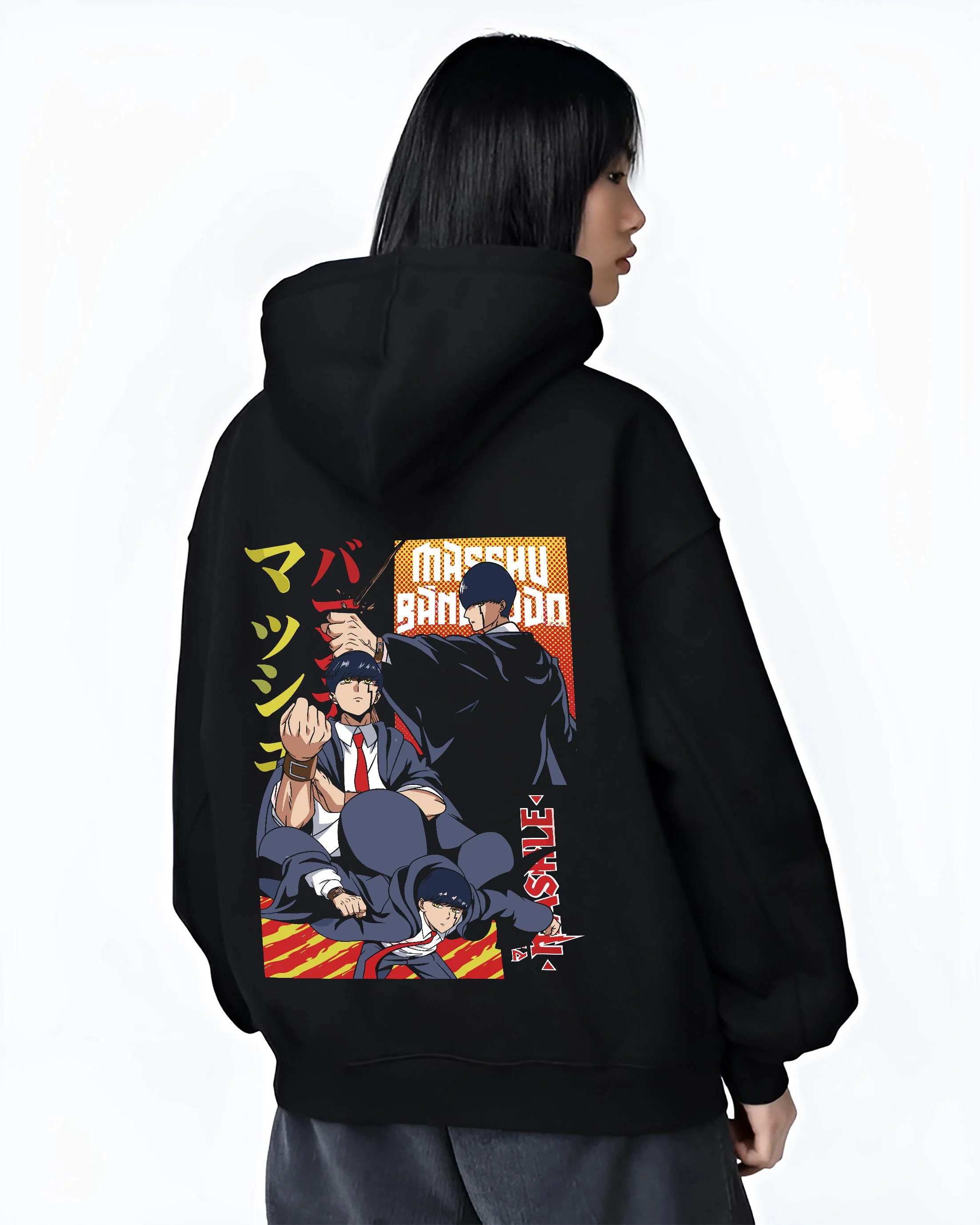 Black hoodie worn by female model, back view with Mashle Magic Muscles Hoodie Action Pose Anime Jumper graphic premium wear.