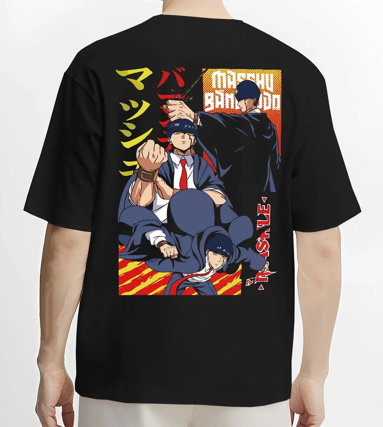 Black T-shirt worn by male model, back view with Mashle Magic Muscles Hoodie Action Pose Anime Jumper graphic premium wear.