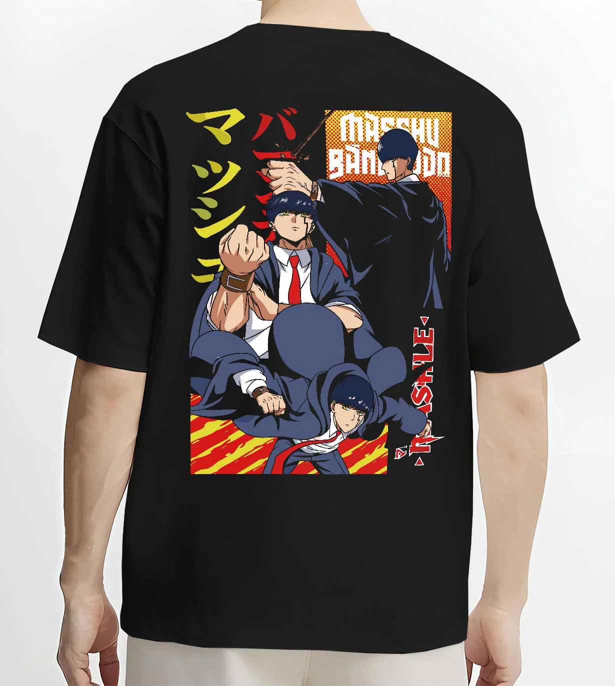 Black T-shirt worn by male model, back view with Mashle Magic Muscles Hoodie Action Pose Anime Jumper graphic premium wear.